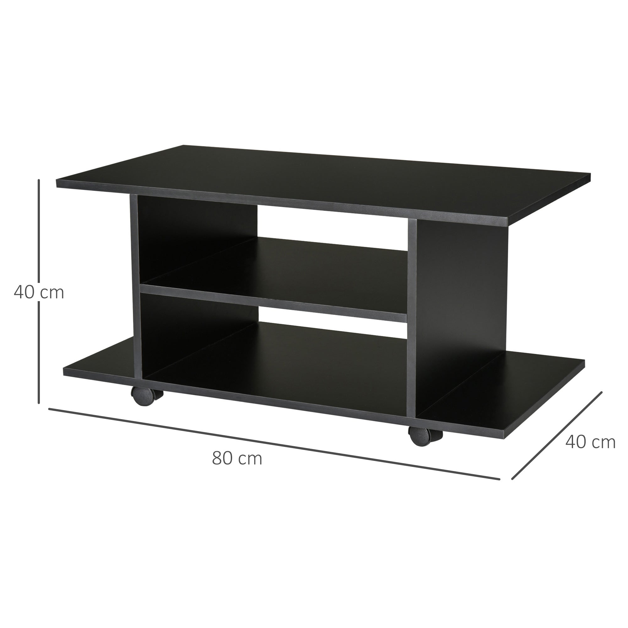 Móvel para TV Preto 80x40x40 cm com Prateleiras e Rodas com Travão
