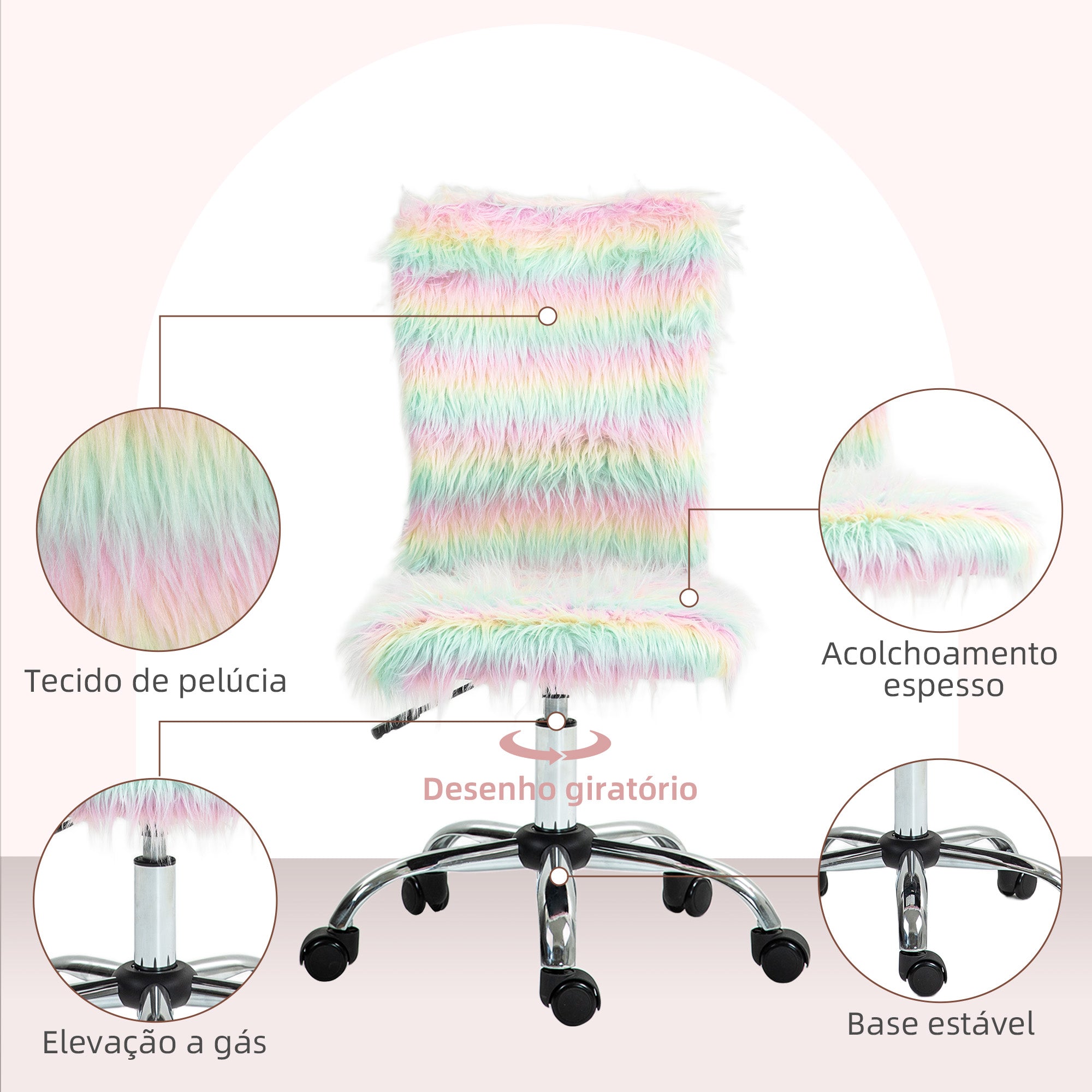 Cadeira de Escritório sem Braços – 62x58x89-99 cm – Multicor – Pelúcia, PU e espuma