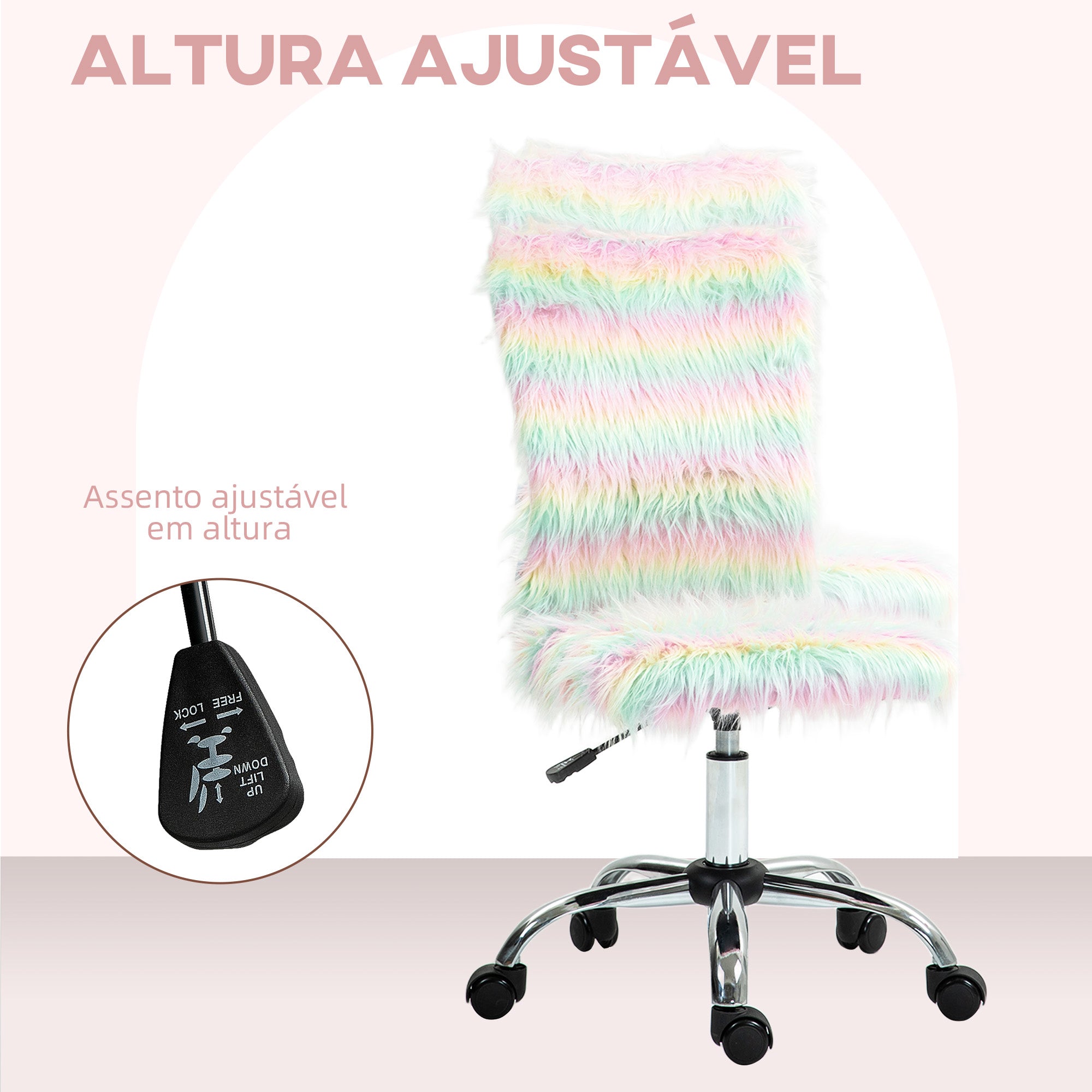 Cadeira de Escritório sem Braços – 62x58x89-99 cm – Multicor – Pelúcia, PU e espuma