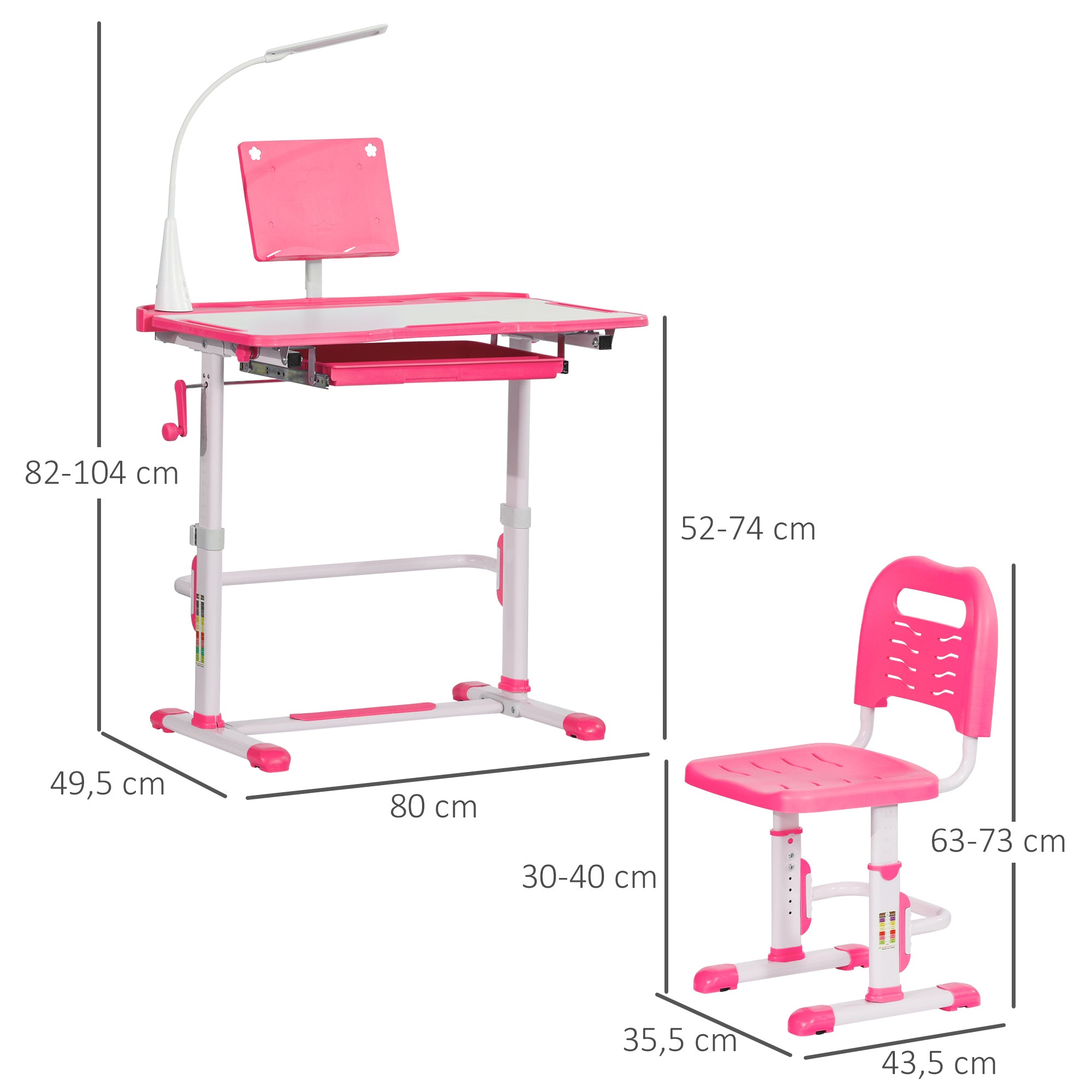 Secretária e Cadeira Infantil – 80x49,5x80-105cm – Rosa – Polipropileno, MDF e Aço