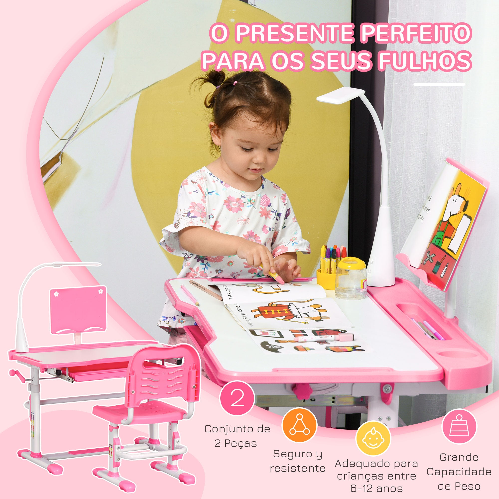 Secretária e Cadeira Infantil – 80x49,5x80-105cm – Rosa – Polipropileno, MDF e Aço