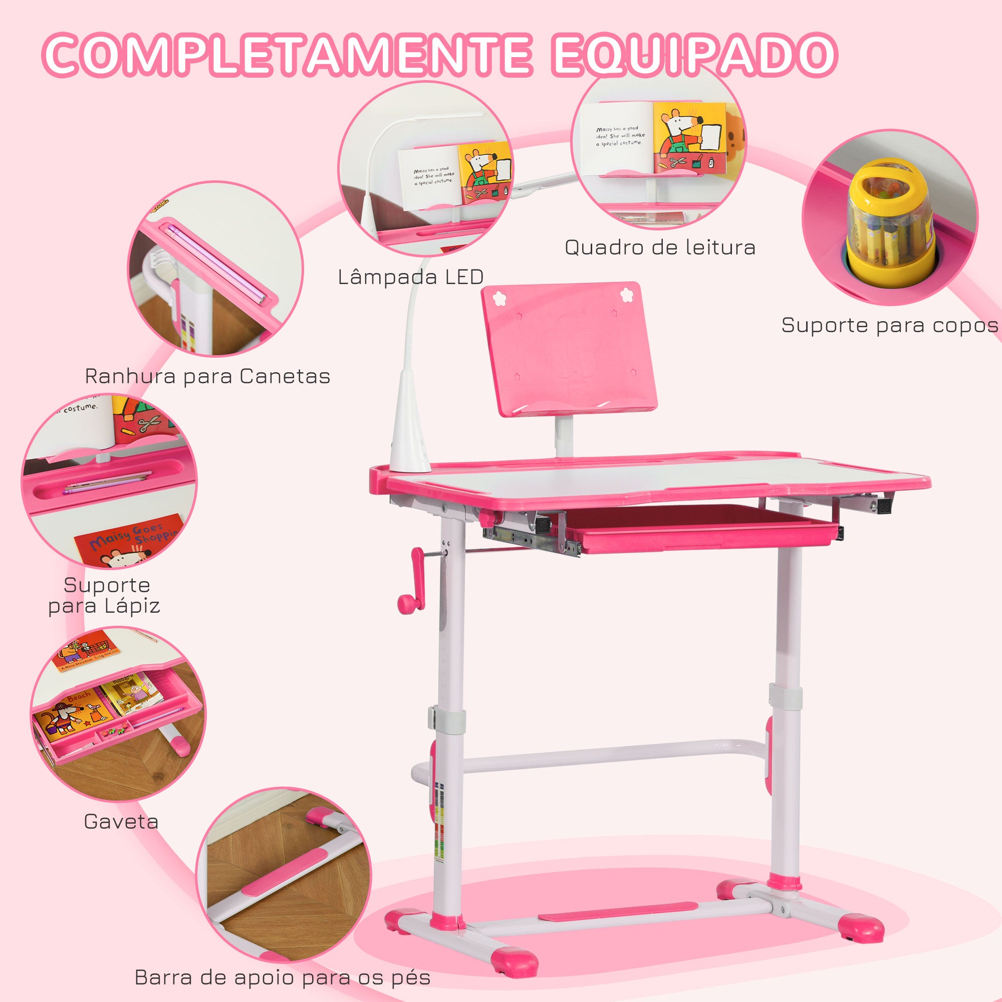 Secretária e Cadeira Infantil – 80x49,5x80-105cm – Rosa – Polipropileno, MDF e Aço