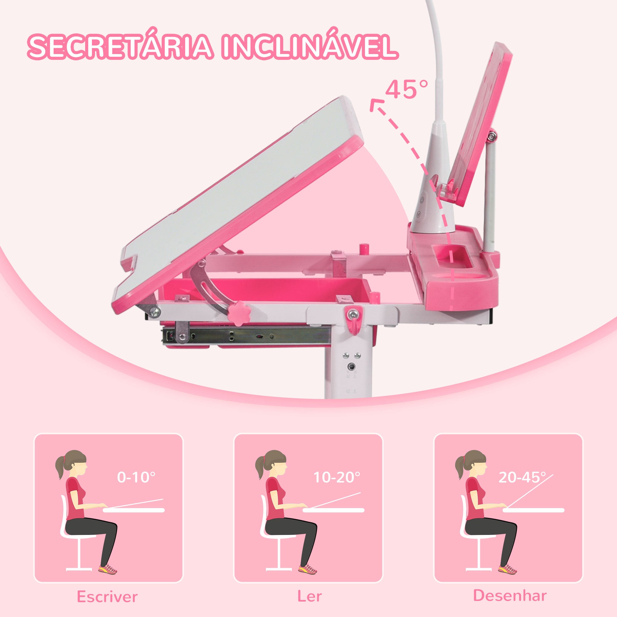 Secretária e Cadeira Infantil – 80x49,5x80-105cm – Rosa – Polipropileno, MDF e Aço
