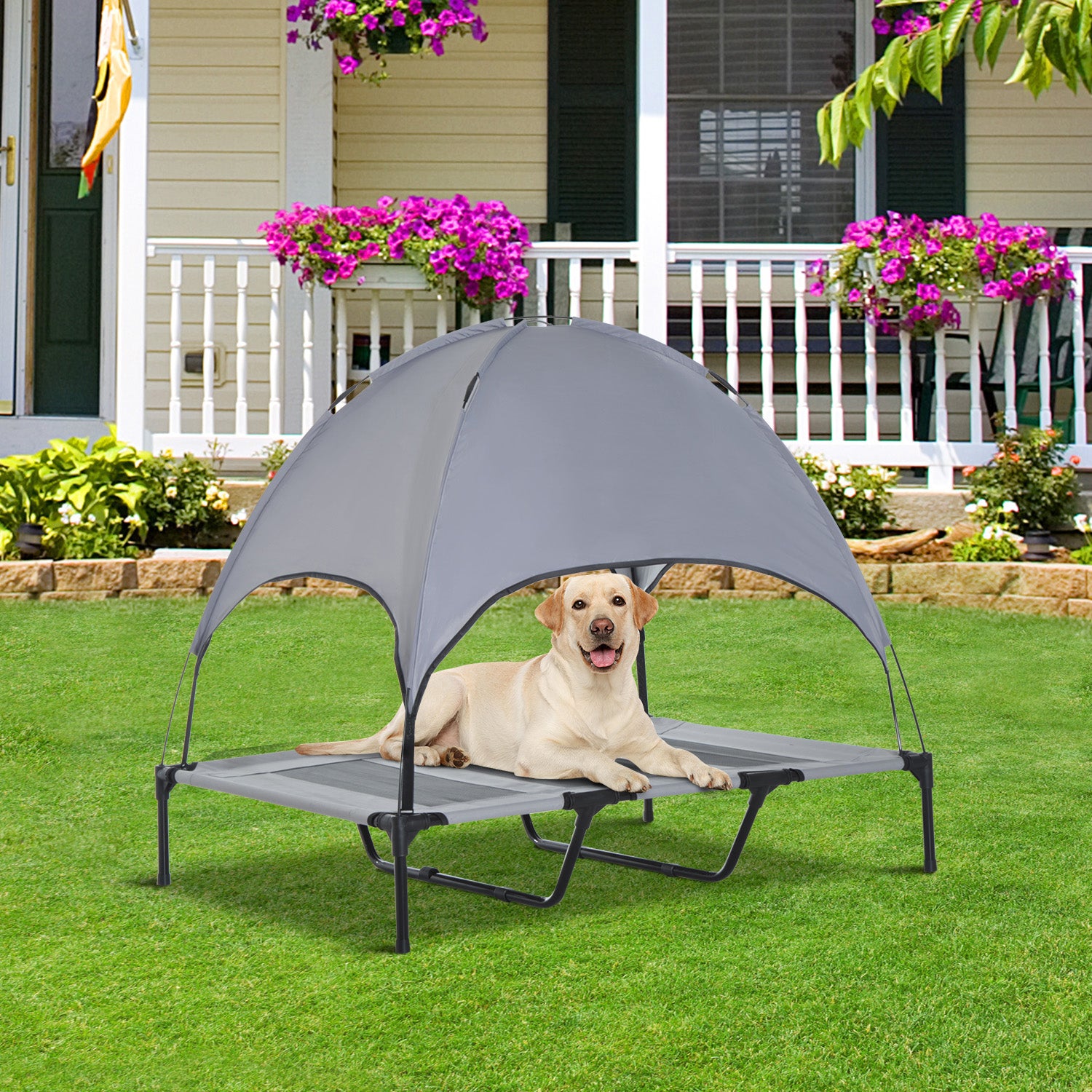 Cama Elevada para Animais de Estimação 122x92x108 cm - Preto e Cinza