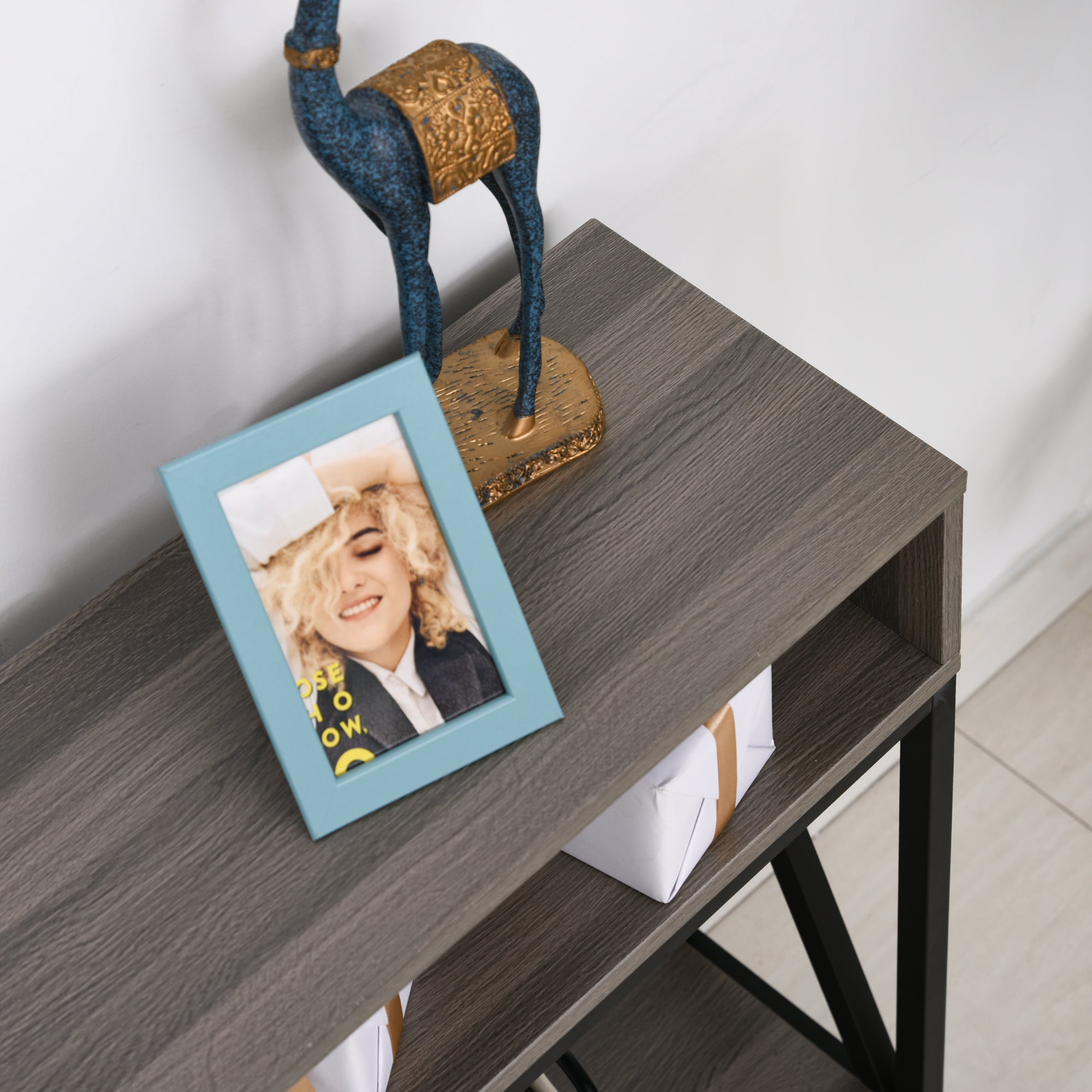 Mesa Consola Móvel de Entrada Estilo Industrial Vintage 120x23.5x75cm Cinza e Preto