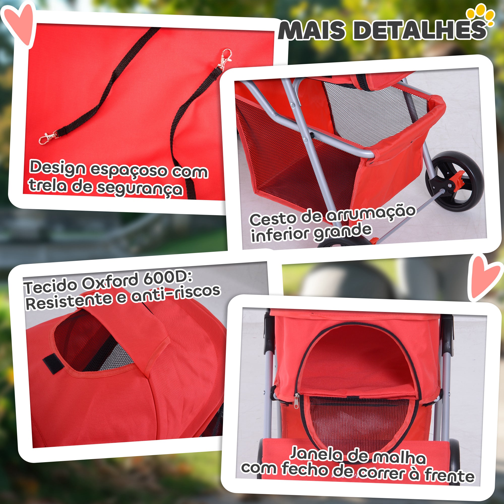 Carrinho para Animais de Estimação Vermelho 75x46x94 cm - Passeios Confortáveis e Seguros