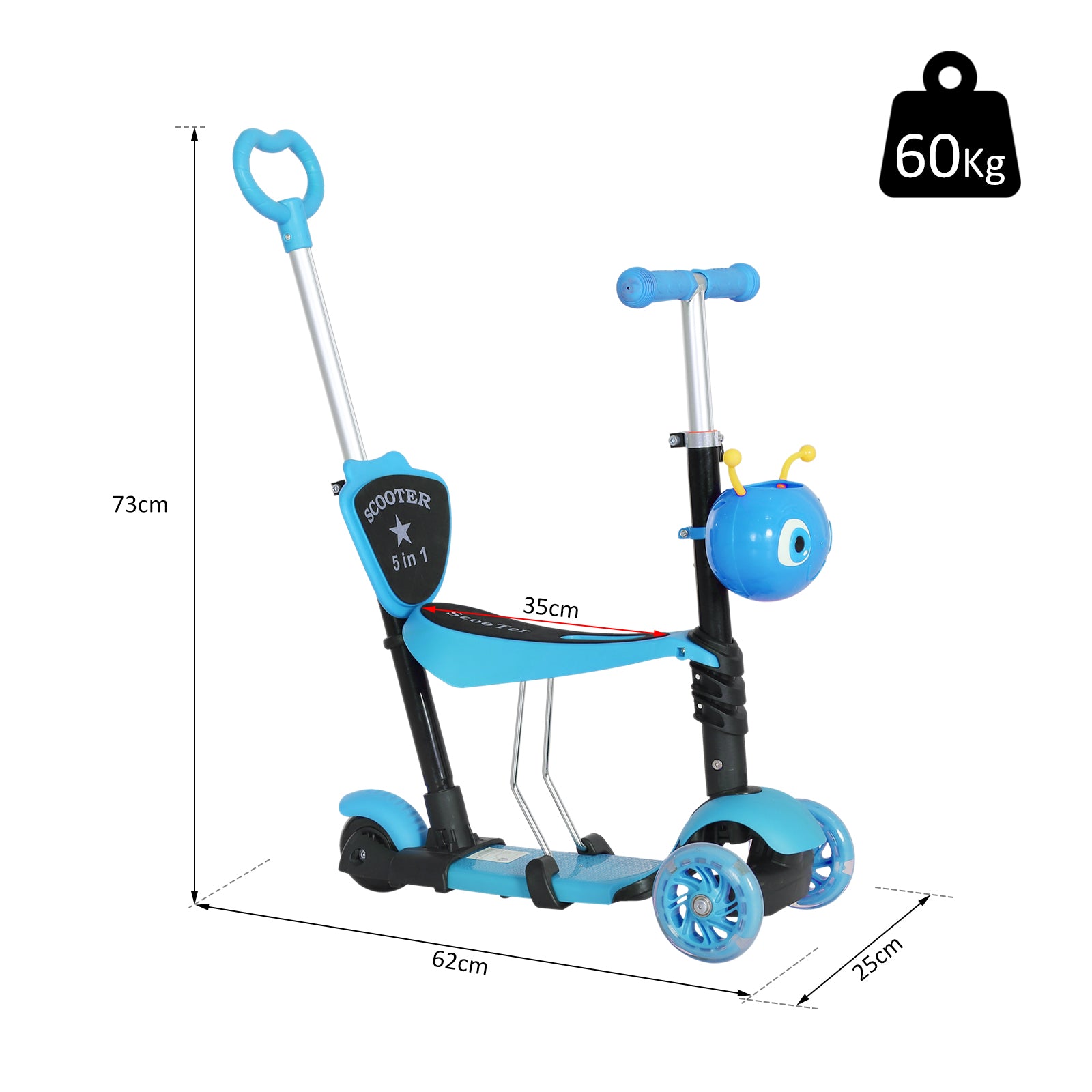 Trotinete 5 em 1 com Assento Removível 62x25x72,5 cm - Azul