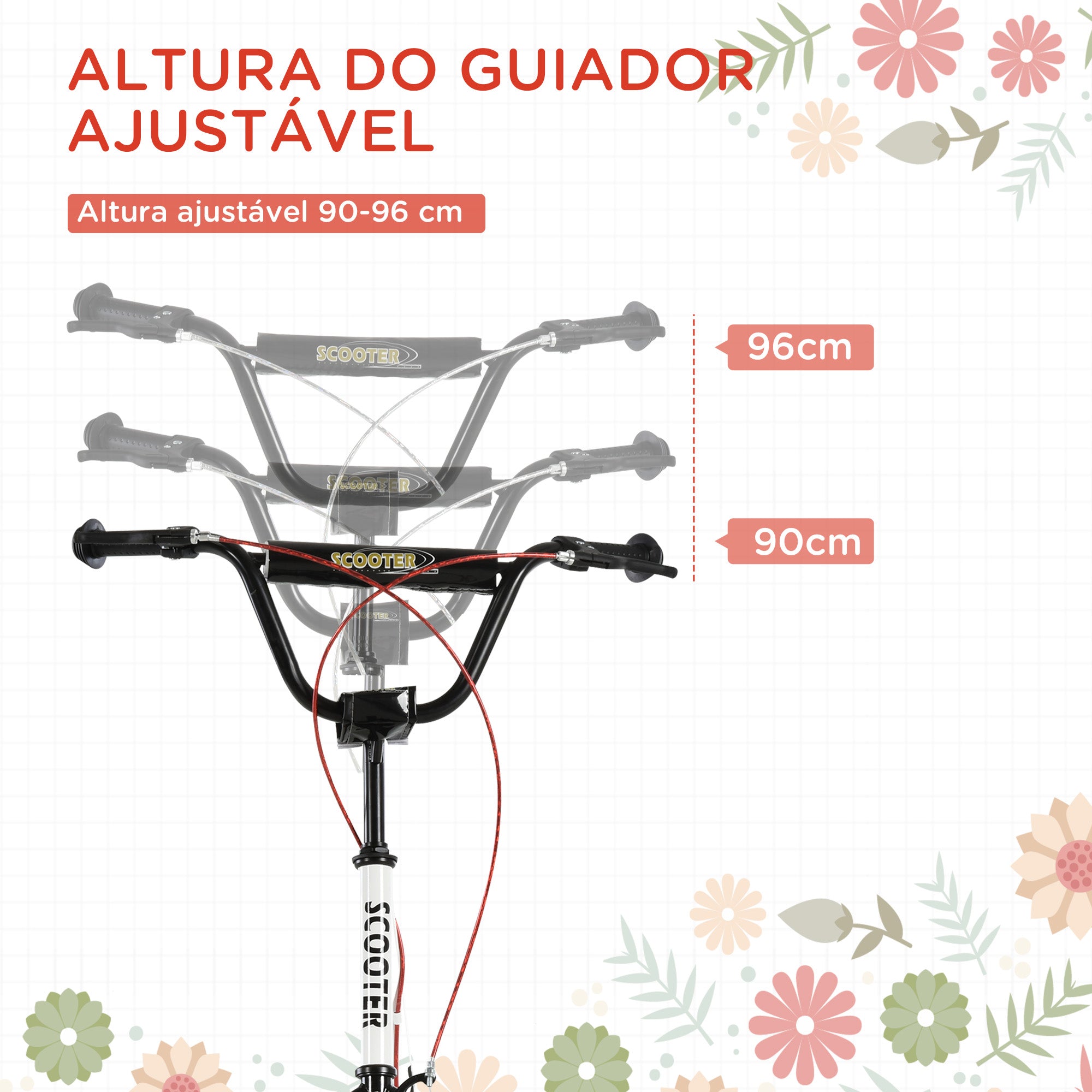 Trotinete para Crianças e Adolescentes - 139x58x90-96 cm - Branco