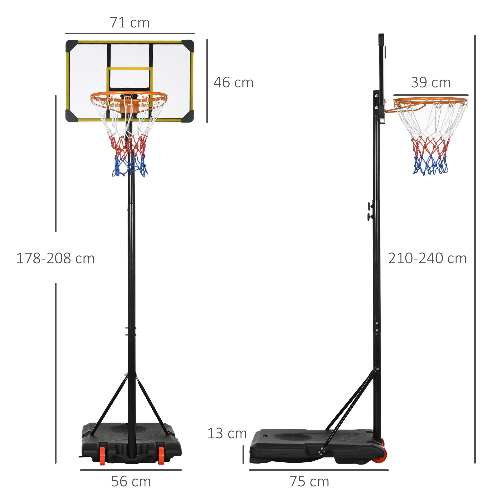 Tabela de Basquetebol – 178-208 cm – Preto e Amarelo – Aço e PC