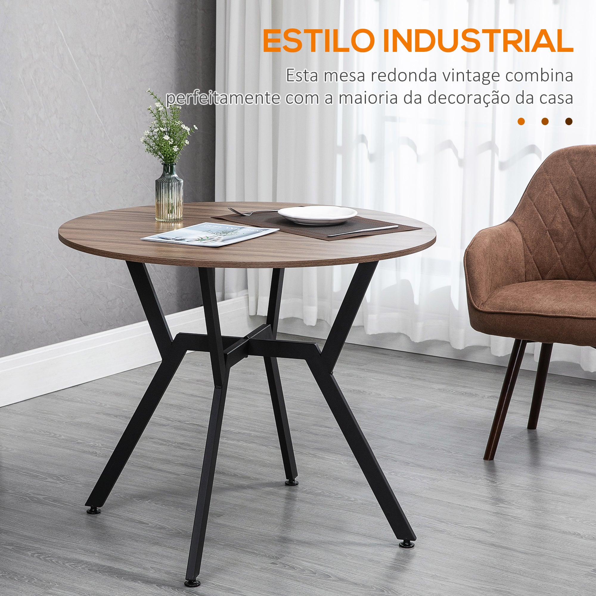 Mesa de Cozinha Redonda Estilo Industrial Marrom e Preto Ø90x76 cm