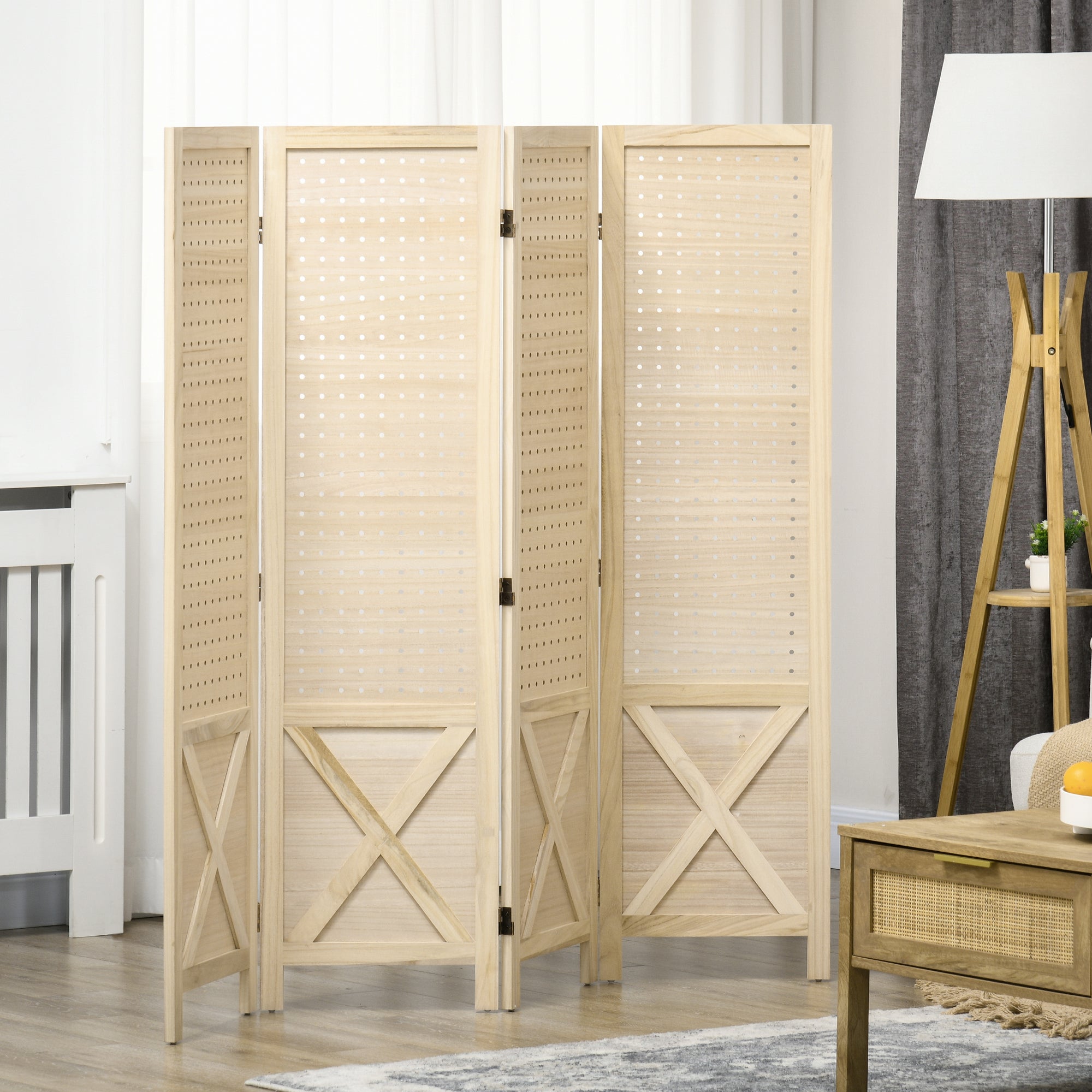 Biombo de 4 Painéis – 152x1,7x144,5 cm – Cor de Madeira Natural – Madeira de Paulownia