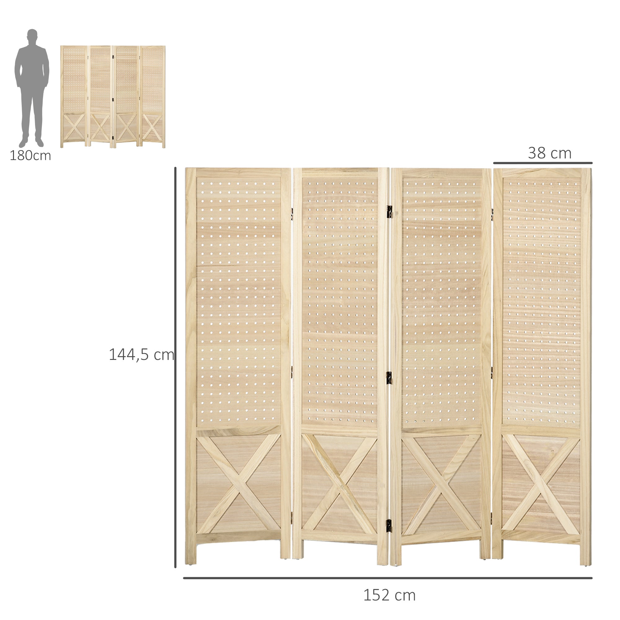 Biombo de 4 Painéis – 152x1,7x144,5 cm – Cor de Madeira Natural – Madeira de Paulownia