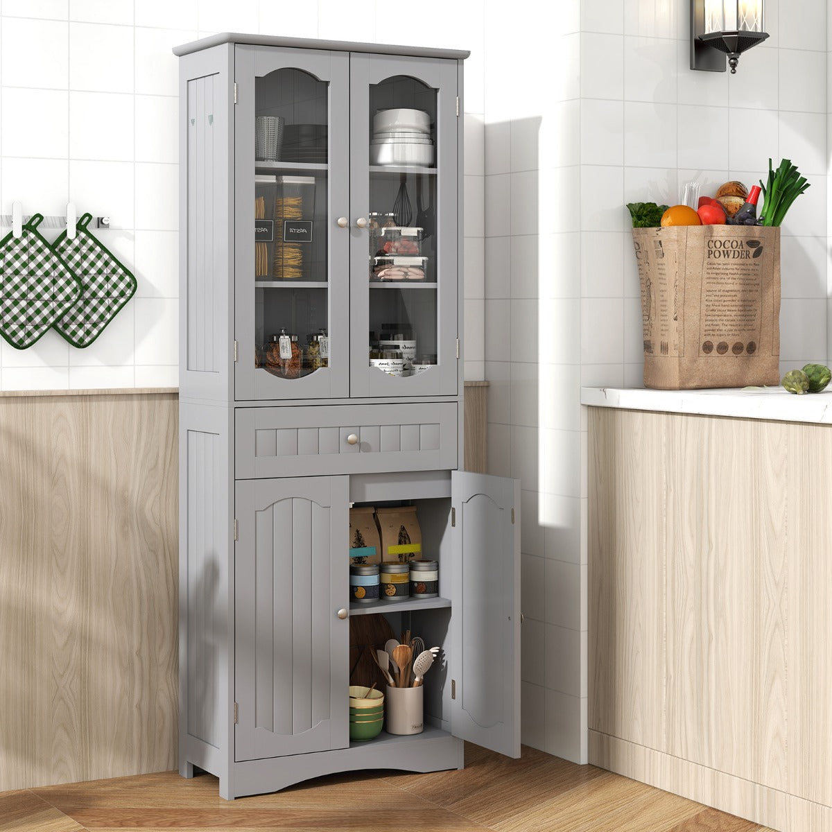 Armário Alto de Cozinha de 160 CM com Portas de Vidro Temperado, Prateleiras Ajustáveis e Gaveta Grande para Cozinha, Sala de Estar, Escritório - Cinzento