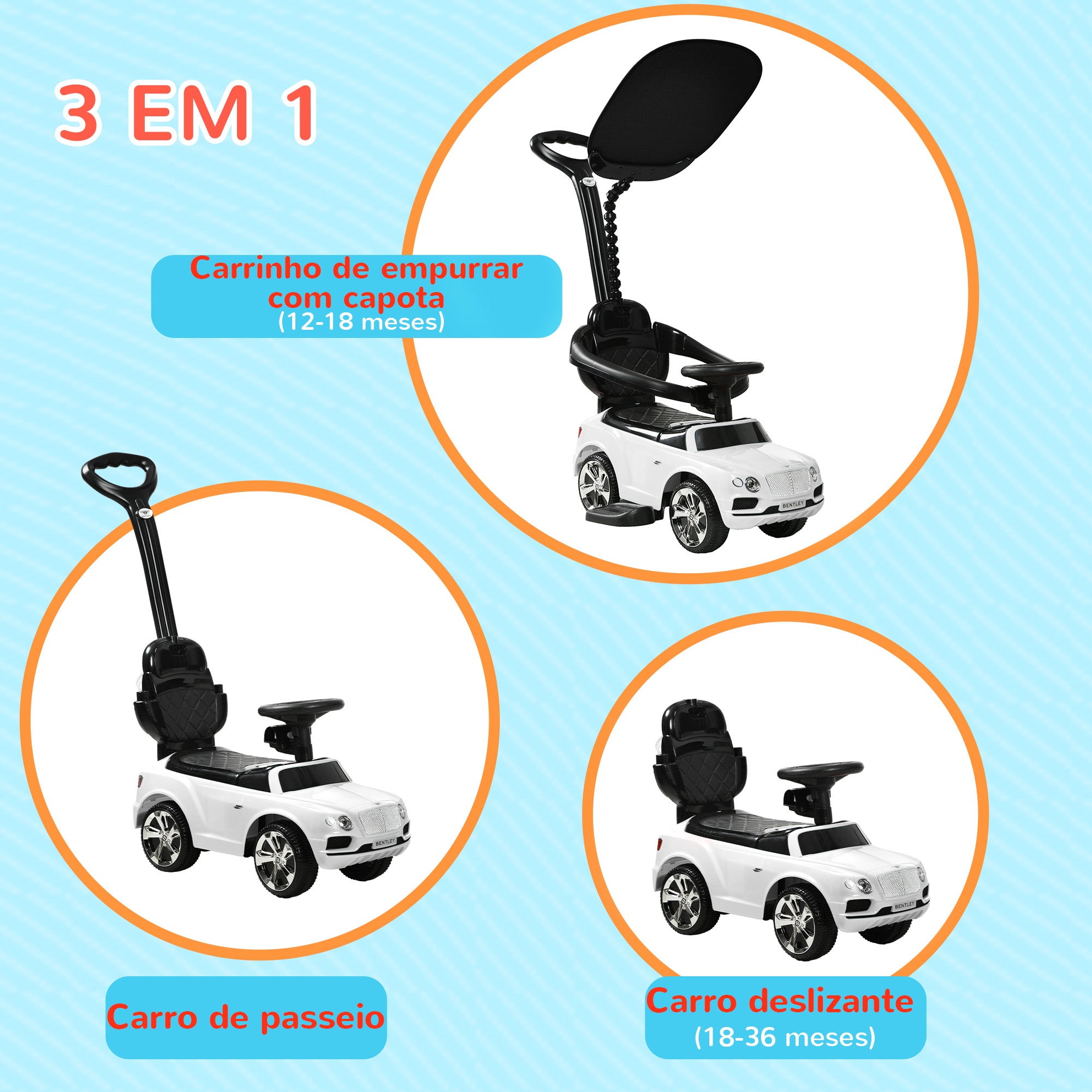 Carro Andador 3 em 1 Branco 90x49x95 cm