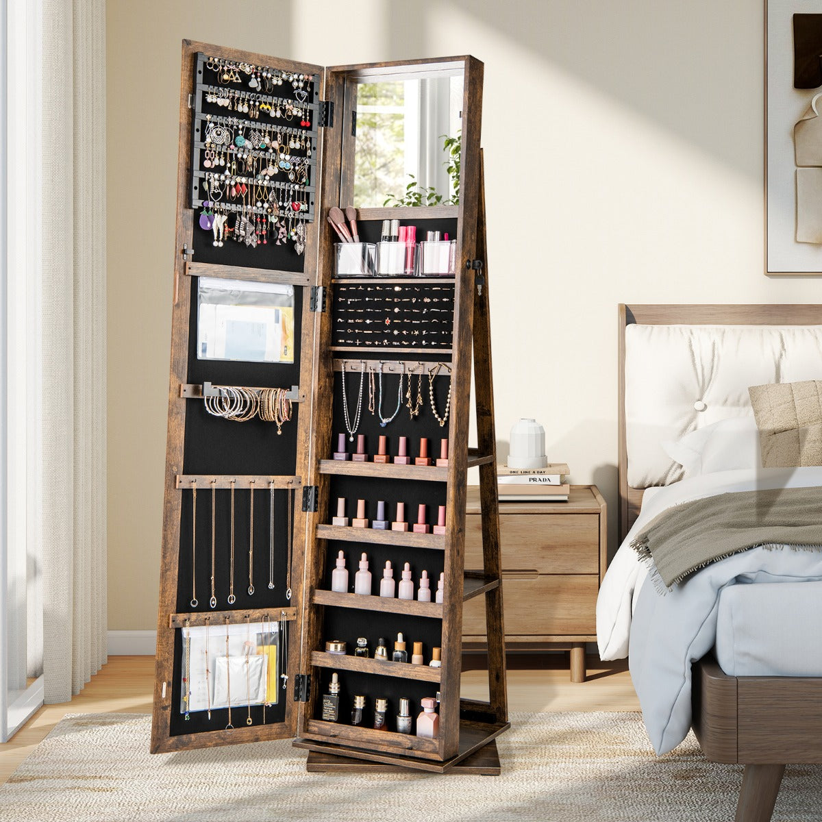 Armário para Joias Giratório 360° com Ranhuras para Brincos e Anéis Ganchos para Colares 3 Prateleiras Traseiras Castanho Rústico