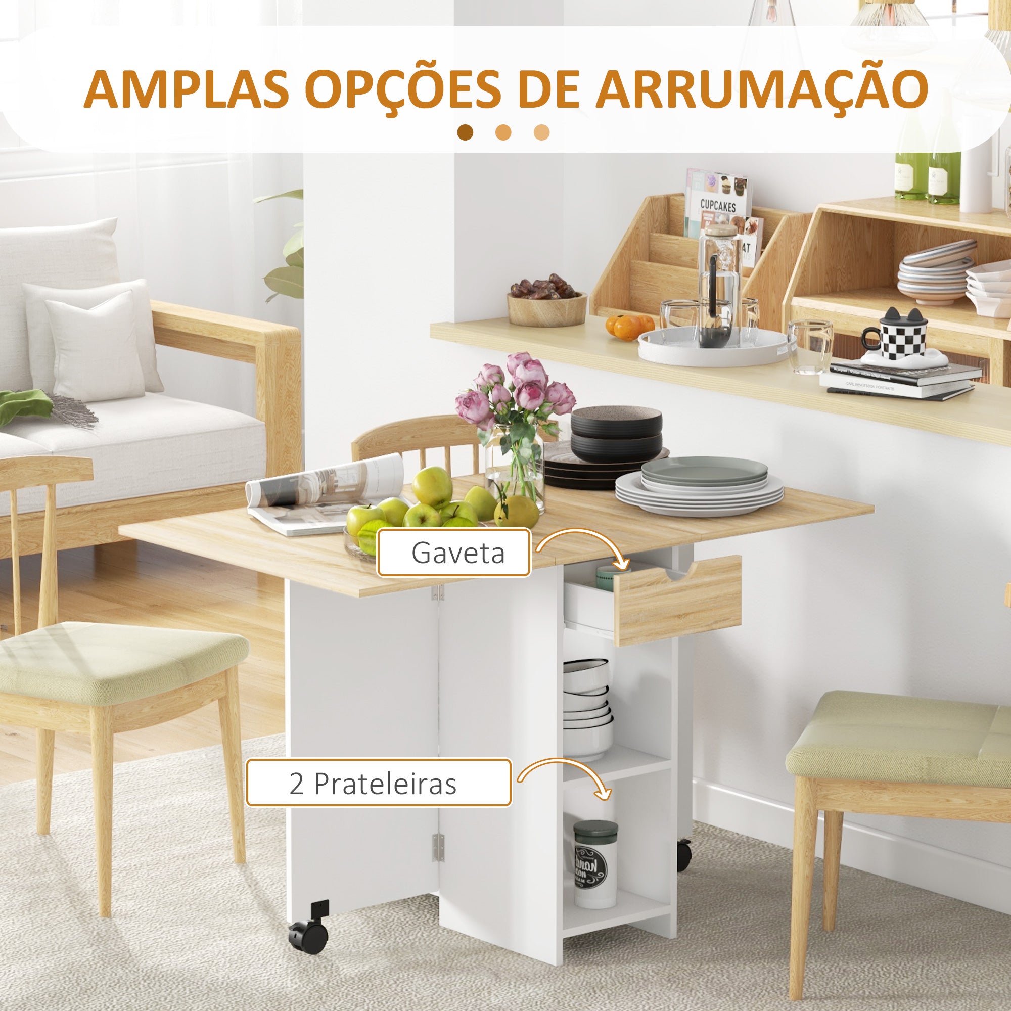 Mesa de Cozinha Dobrável – 120x72x75 cm – Carvalho e Branco – Melamina