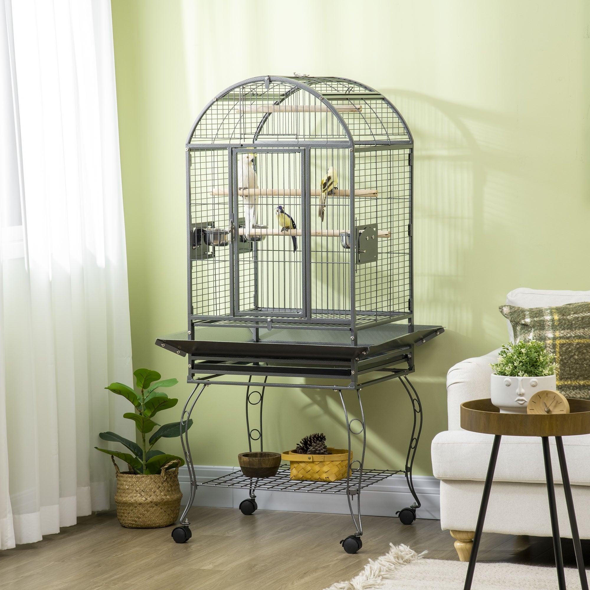 Gaiola para Pássaros de Metal com 2 Portas e Rodas 80x76,5x168 cm - Cinza Escuro