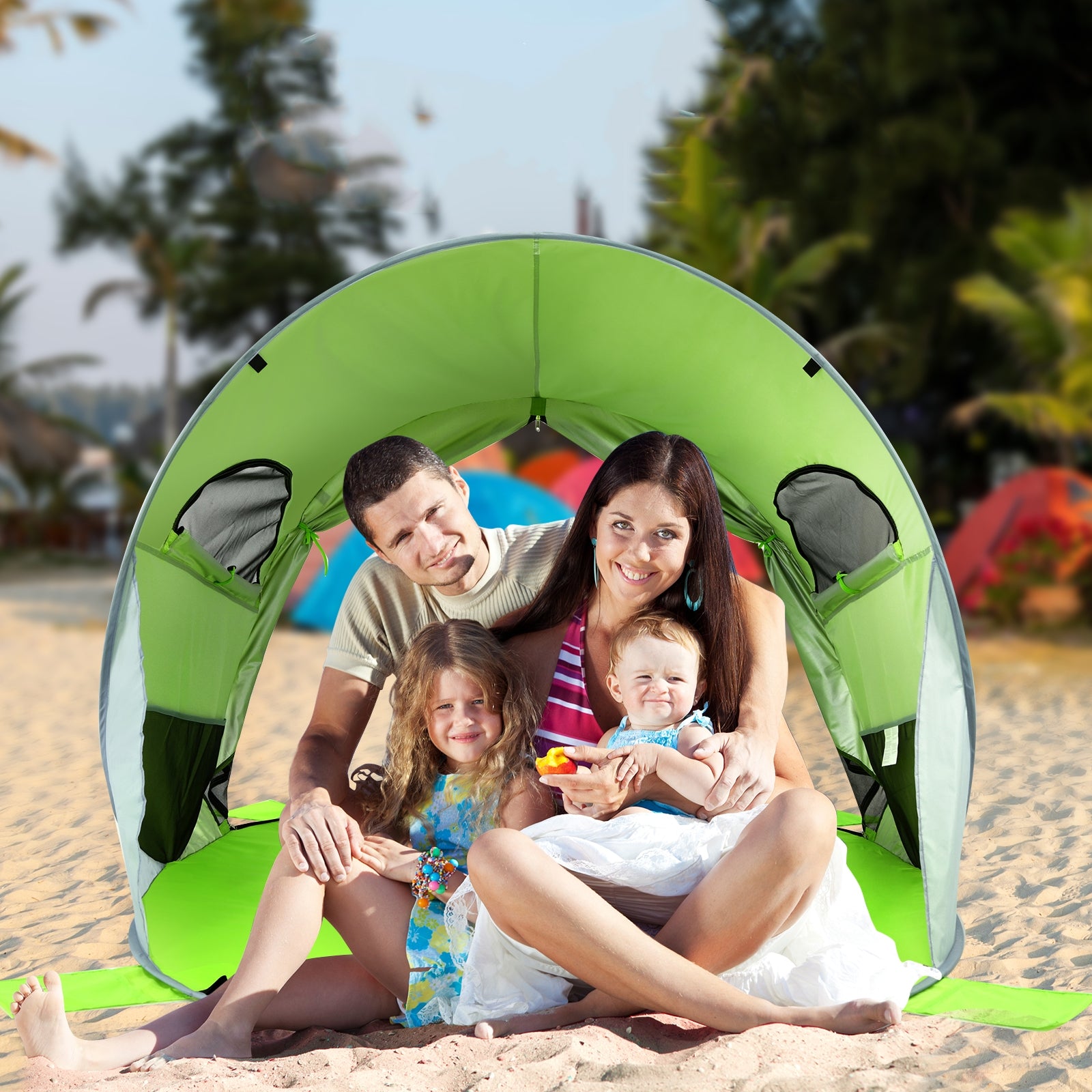 Tenda de Praia Pop Up Carpa Automática Dobrável UPF 50+ para Atividades ao Ar Livre Verde 220 x 159 x 115 cm