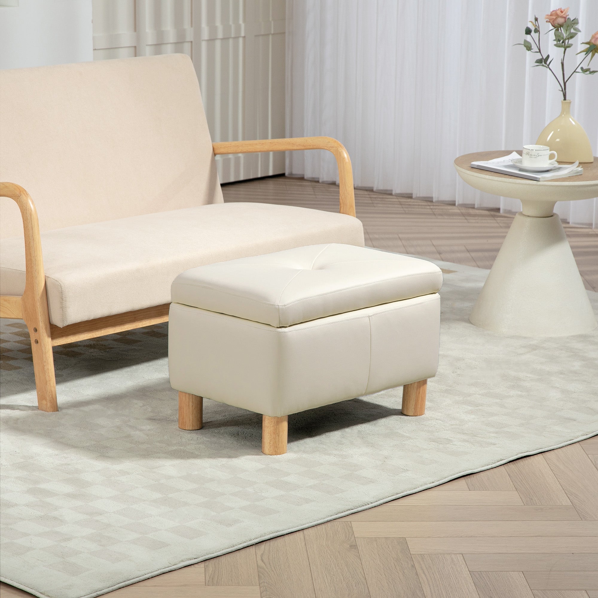 Baú de Armazenamento Estofado – 60x38x40 cm – Cor Creme – Couro PU e Madeira de Borracha