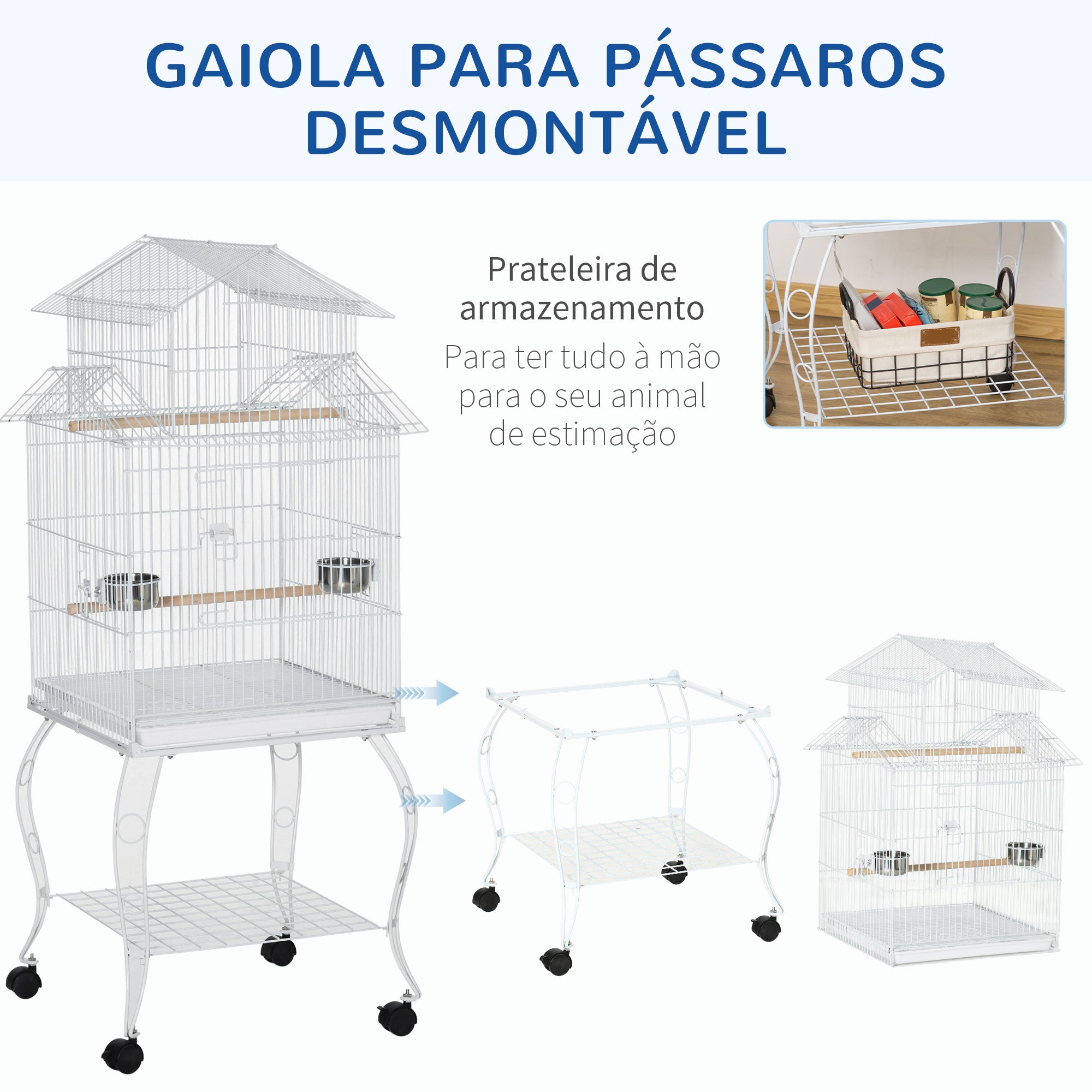 Gaiola para Pássaros Grande – 50x49x137cm – Branca – Metal e Madeira