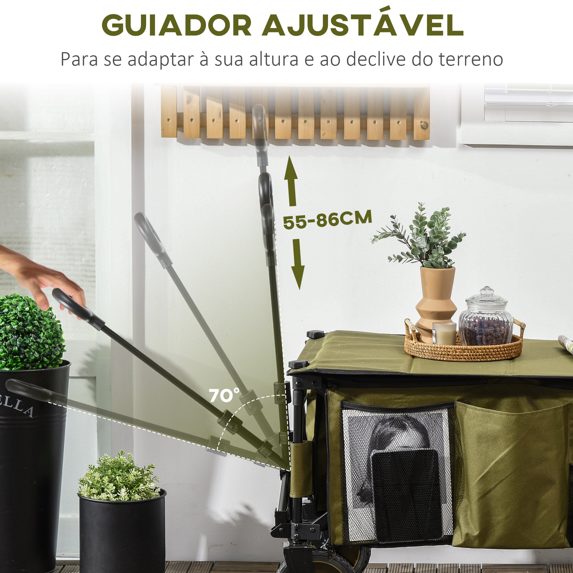 Carrinho Dobrável com Rodas e Bancada – 108x55x93cm – Verde Escuro – Aço e Tecido Oxford