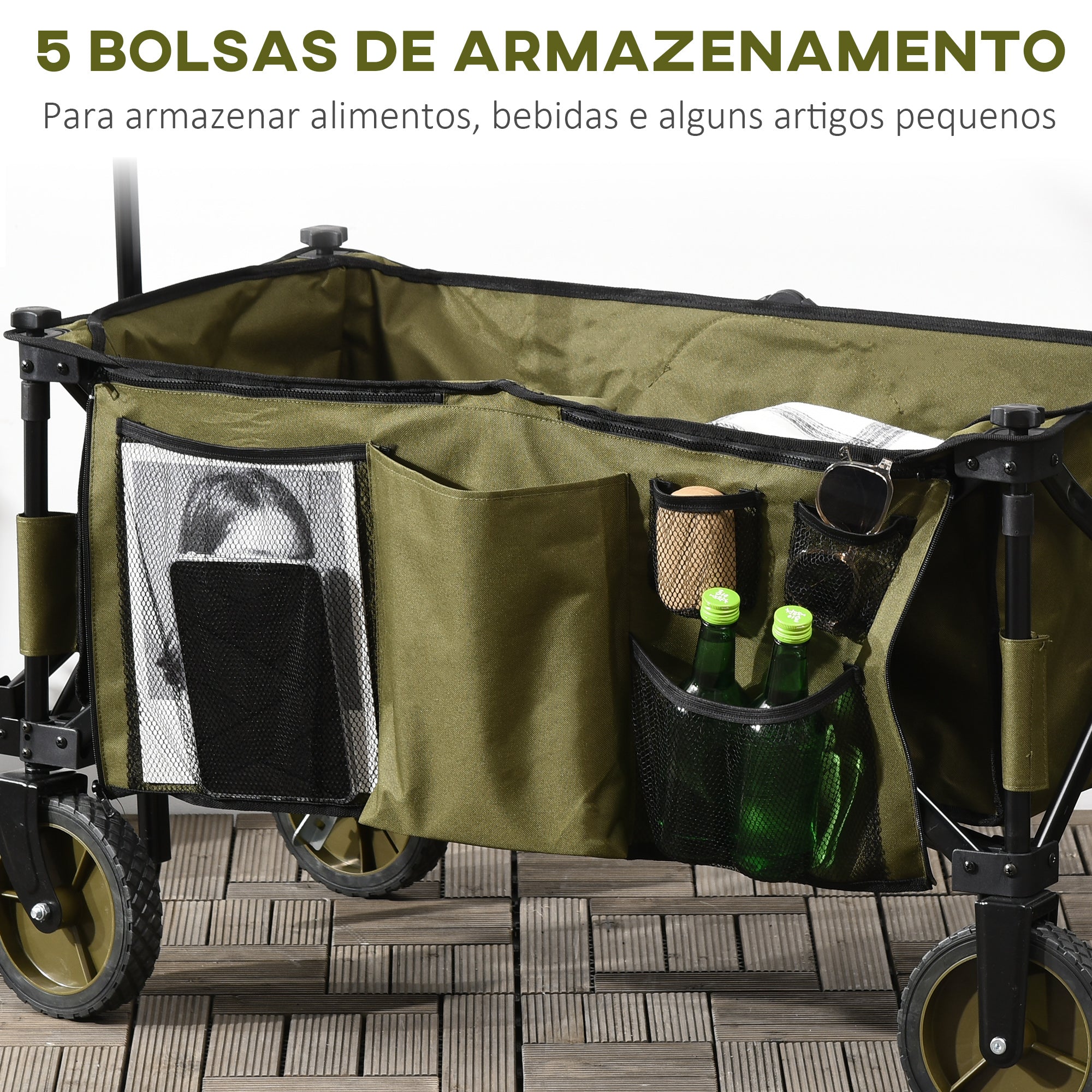 Carrinho Dobrável com Rodas e Bancada – 108x55x93cm – Verde Escuro – Aço e Tecido Oxford