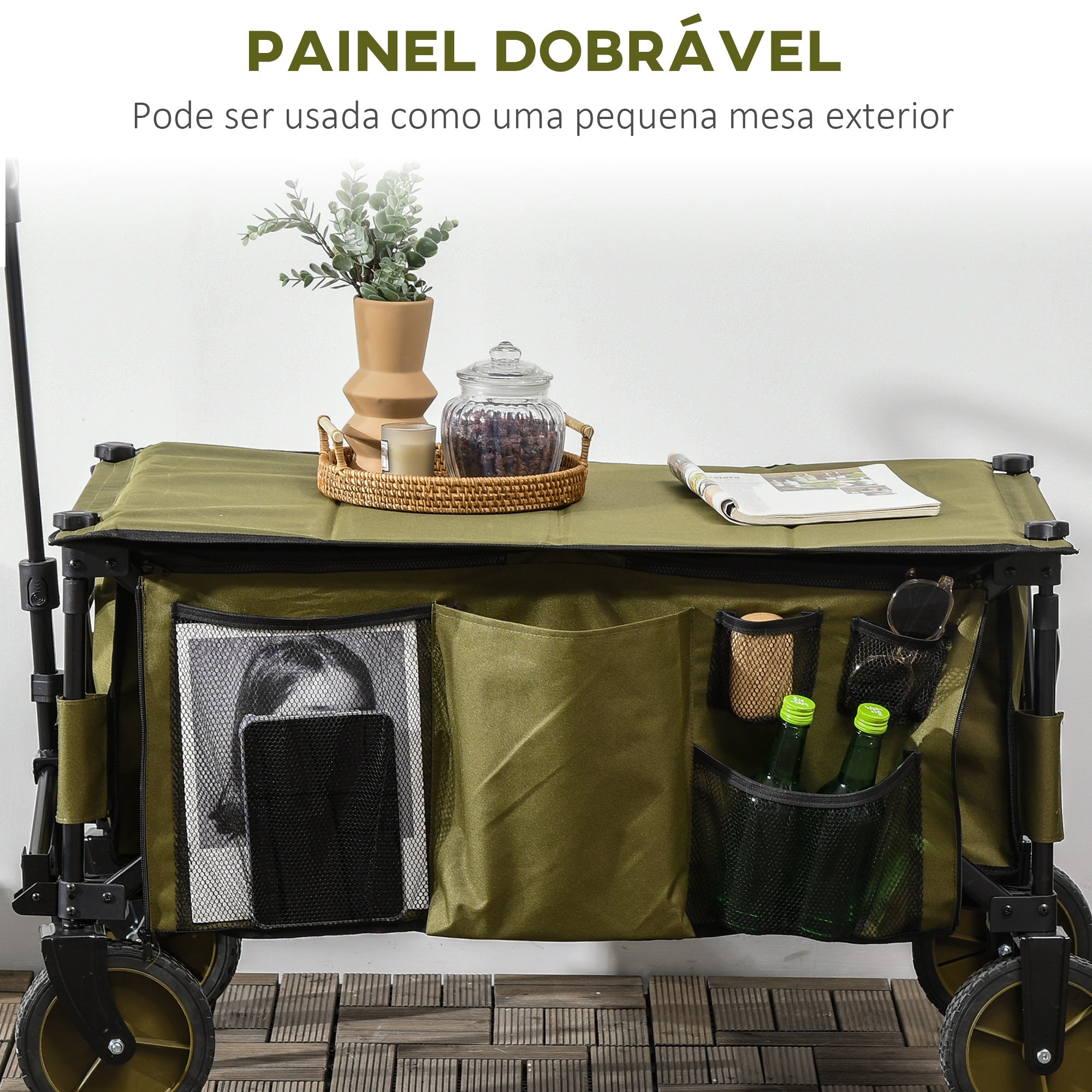 Carrinho Dobrável com Rodas e Bancada – 108x55x93cm – Verde Escuro – Aço e Tecido Oxford