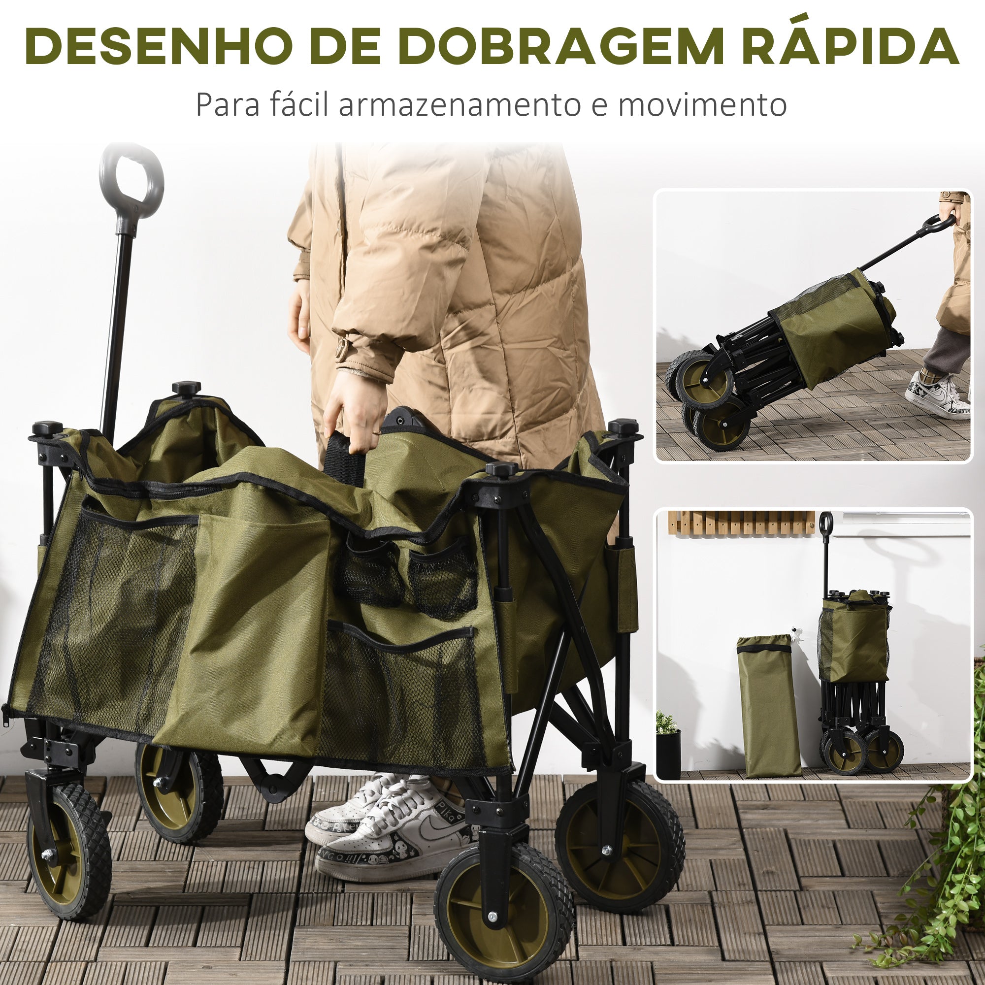 Carrinho Dobrável com Rodas e Bancada – 108x55x93cm – Verde Escuro – Aço e Tecido Oxford