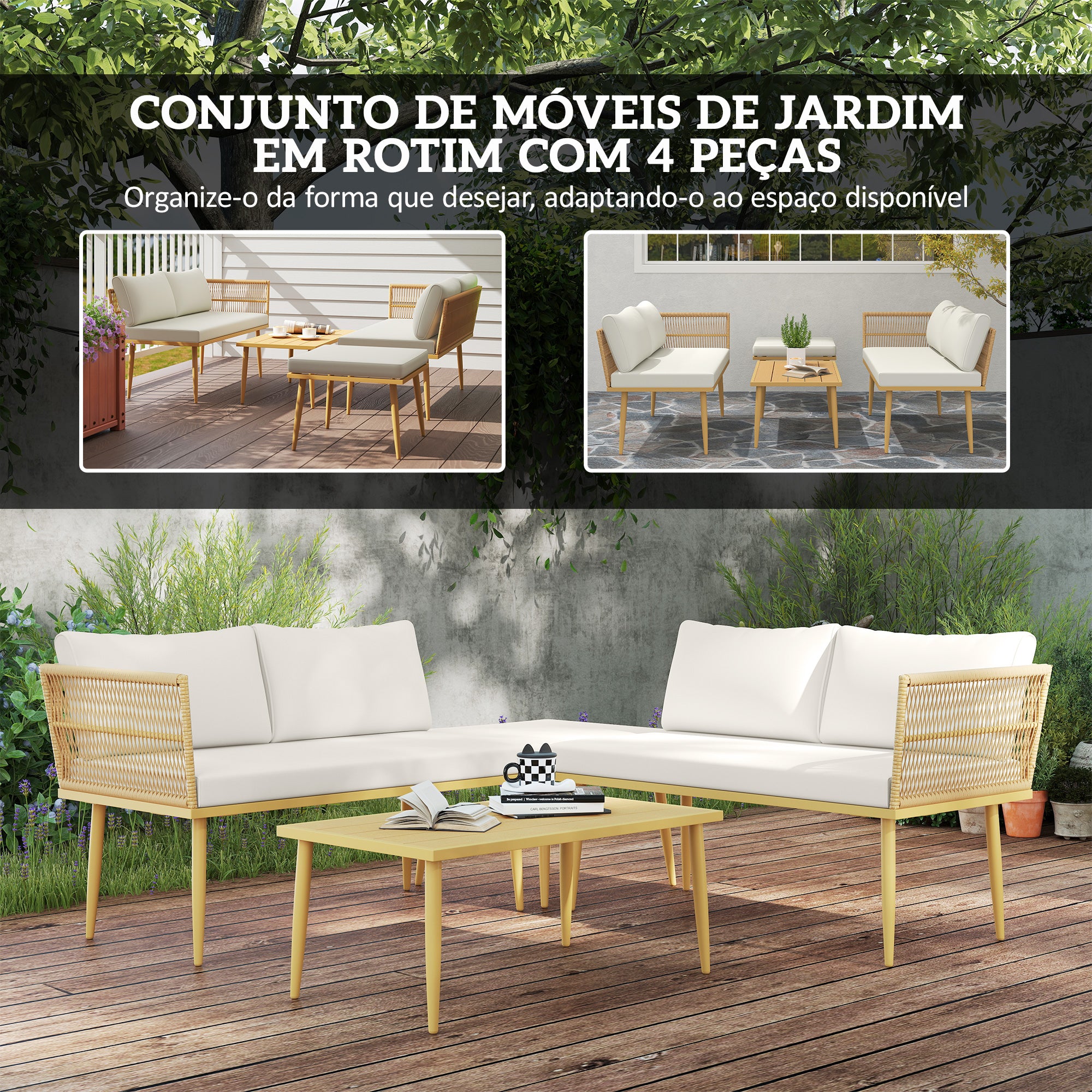 Conjunto de Jardim de Vime Sintético 4 Peças 116x65x70 cm Madeira e Creme