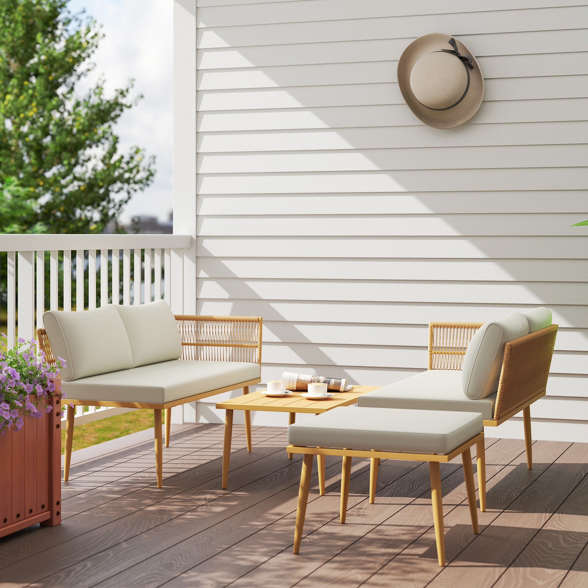 Conjunto de Jardim de Vime Sintético 4 Peças 116x65x70 cm Madeira e Creme