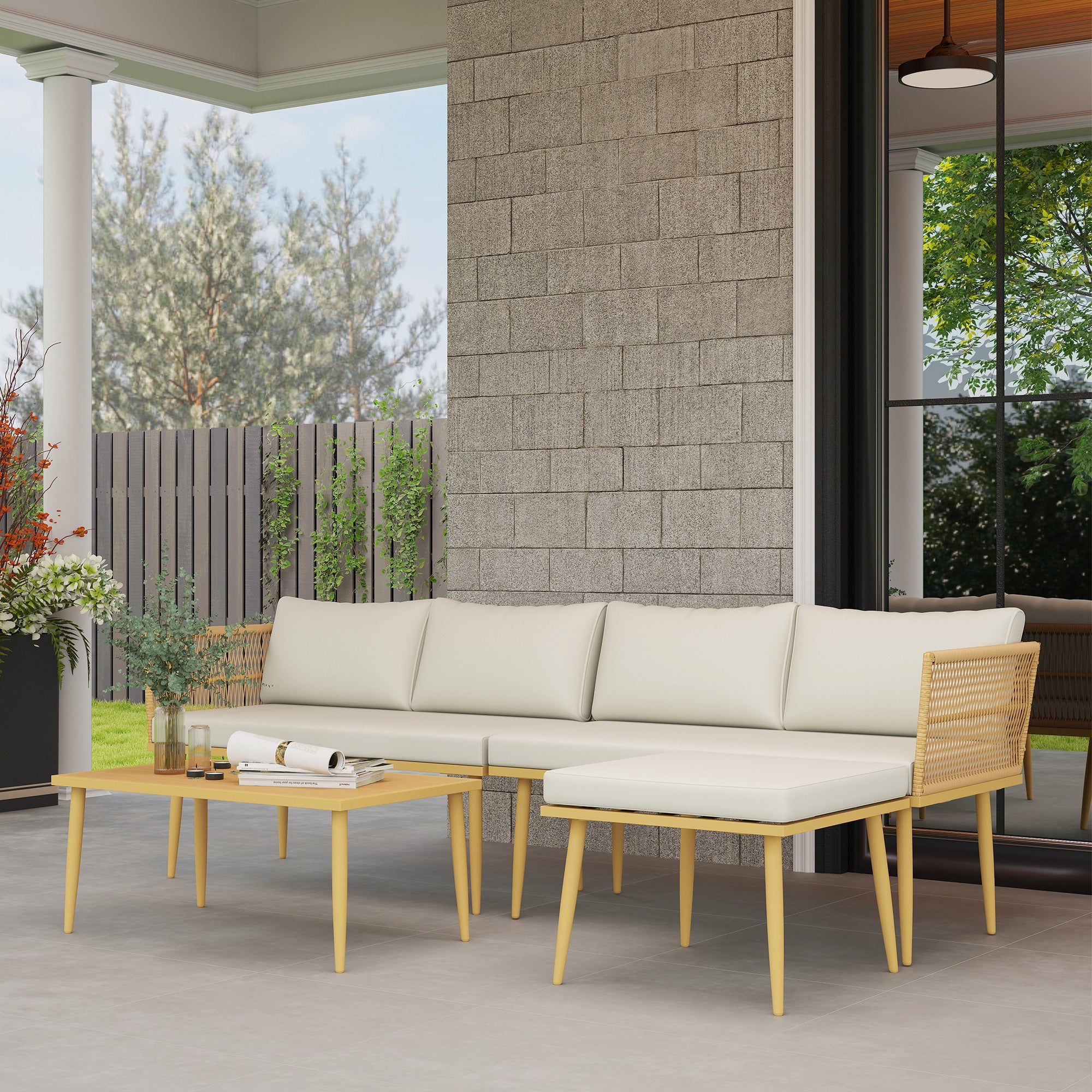 Conjunto de Jardim de Vime Sintético 4 Peças 116x65x70 cm Madeira e Creme