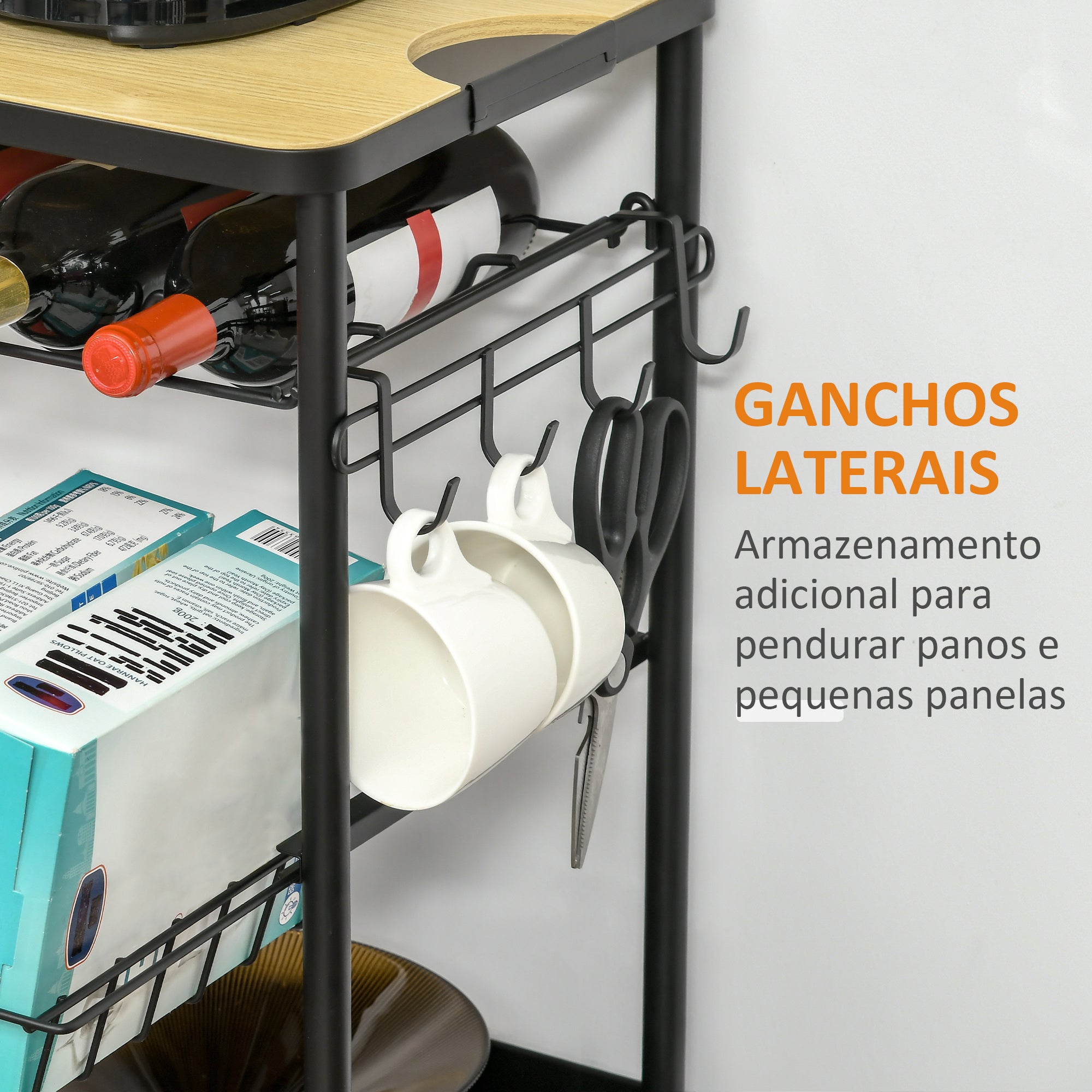 Carrinho de Cozinha Multiuso – 60.5x35.5x75cm – Preto e Carvalho – MDF e Aço