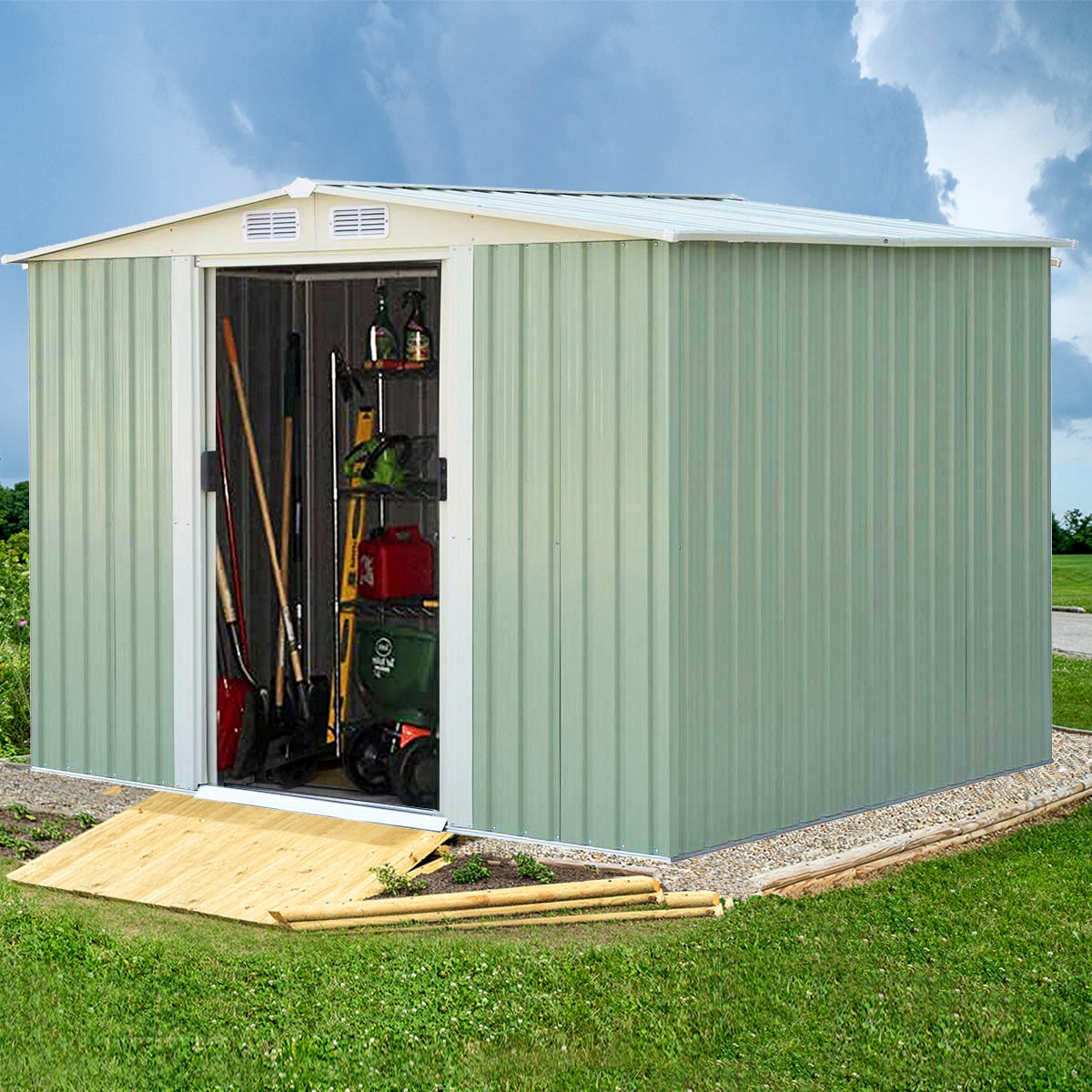 Abrigo de Jardim com Porta de Correr e Telhado de Duas Águas Galvanizado com Ventilação Casota de Exterior 205 x 257 x 175,5 cm Verde Claro