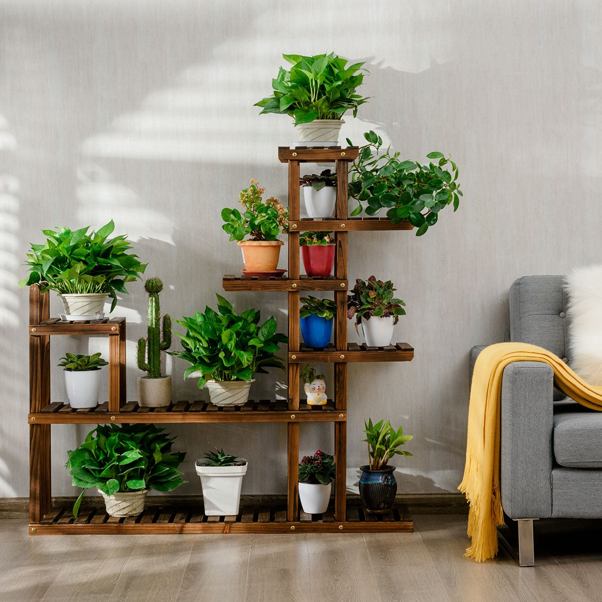 Estante de Madeira para Plantas e Flores de Interior e Exterior - Estante Multifuncional para Jardim e Pátio 120 x 25 x 120 cm