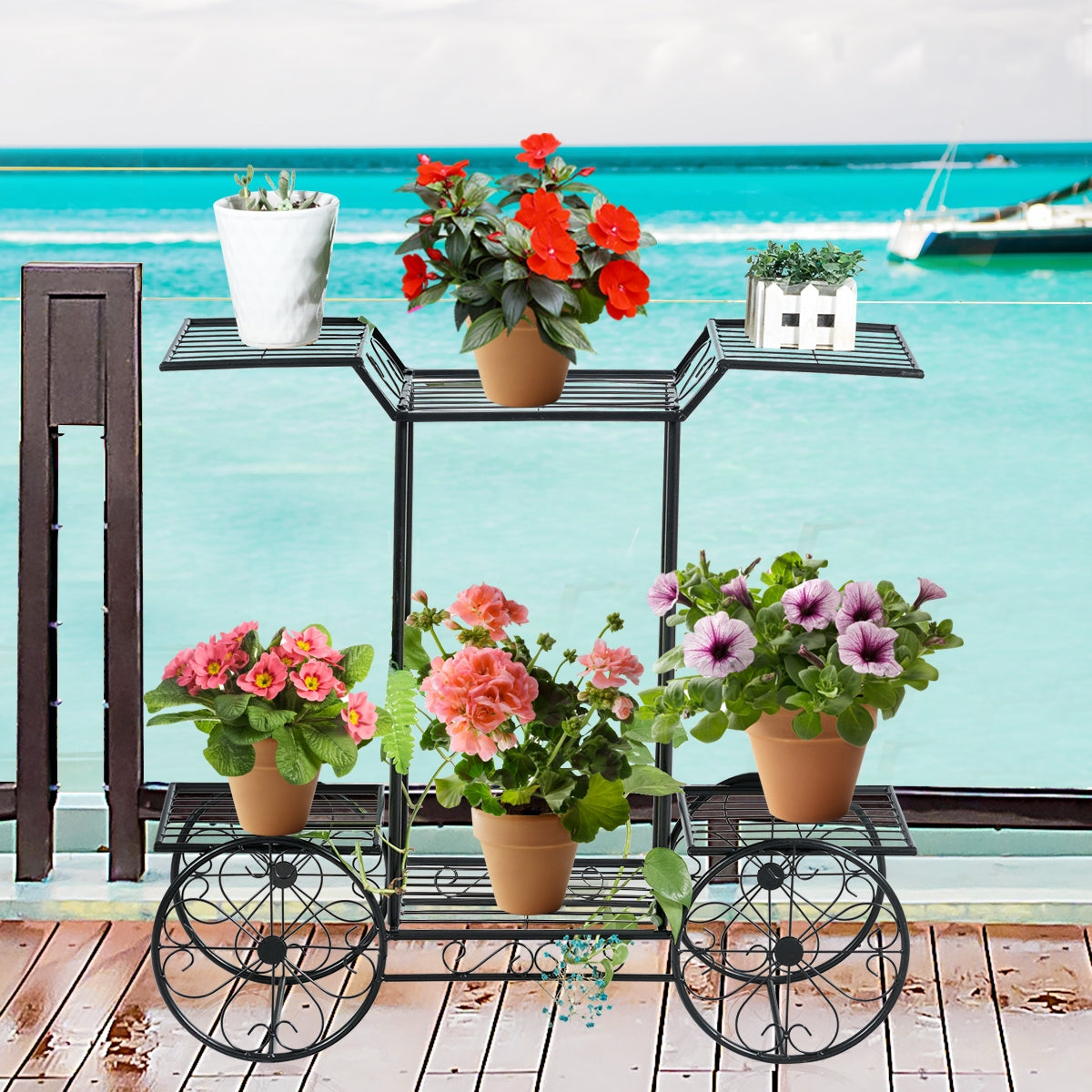 Estante de Metal em Forma de Carrinho para Plantas e Flores de 6 Níveis - Preto 80,5 x 25 x 75 cm