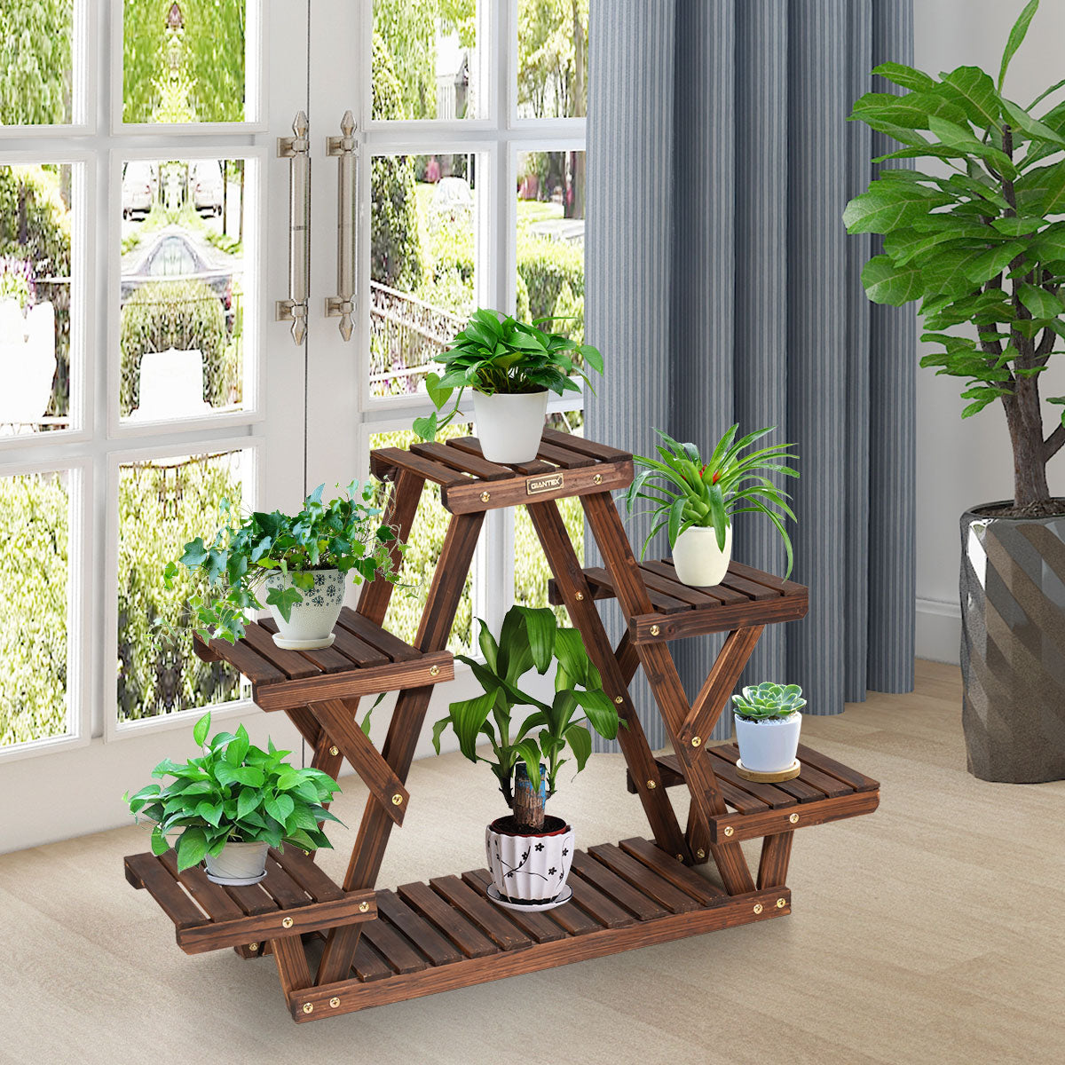 Estante Triangular de Madeira 6 Níveis para Plantas Suporte de Flores para Interior Sala Varanda Pátio Castanho 99 x 25 x 64,5 cm