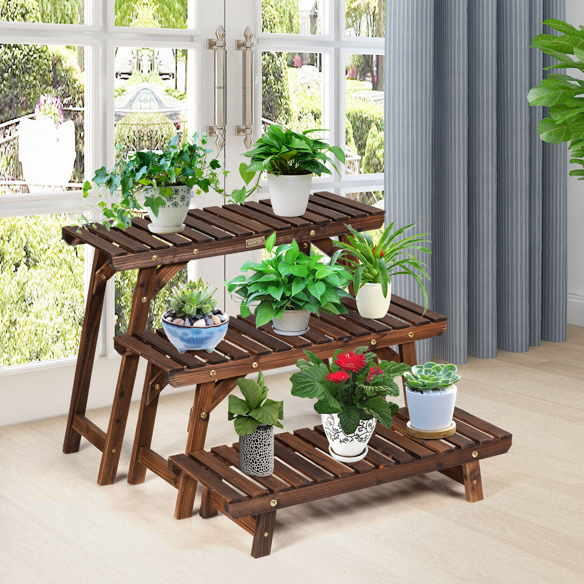 Estante de Escada Angular com 3 Níveis para Plantas em Madeira de Abeto para Jardim, Pátio e Varanda