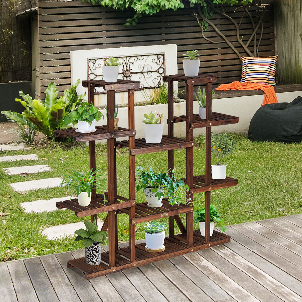 Estante de Madeira com 6 Níveis para Plantas Suporte Expositor Carbonizado para 17 Vasos de Flores para Varanda Pátio Sala Natural