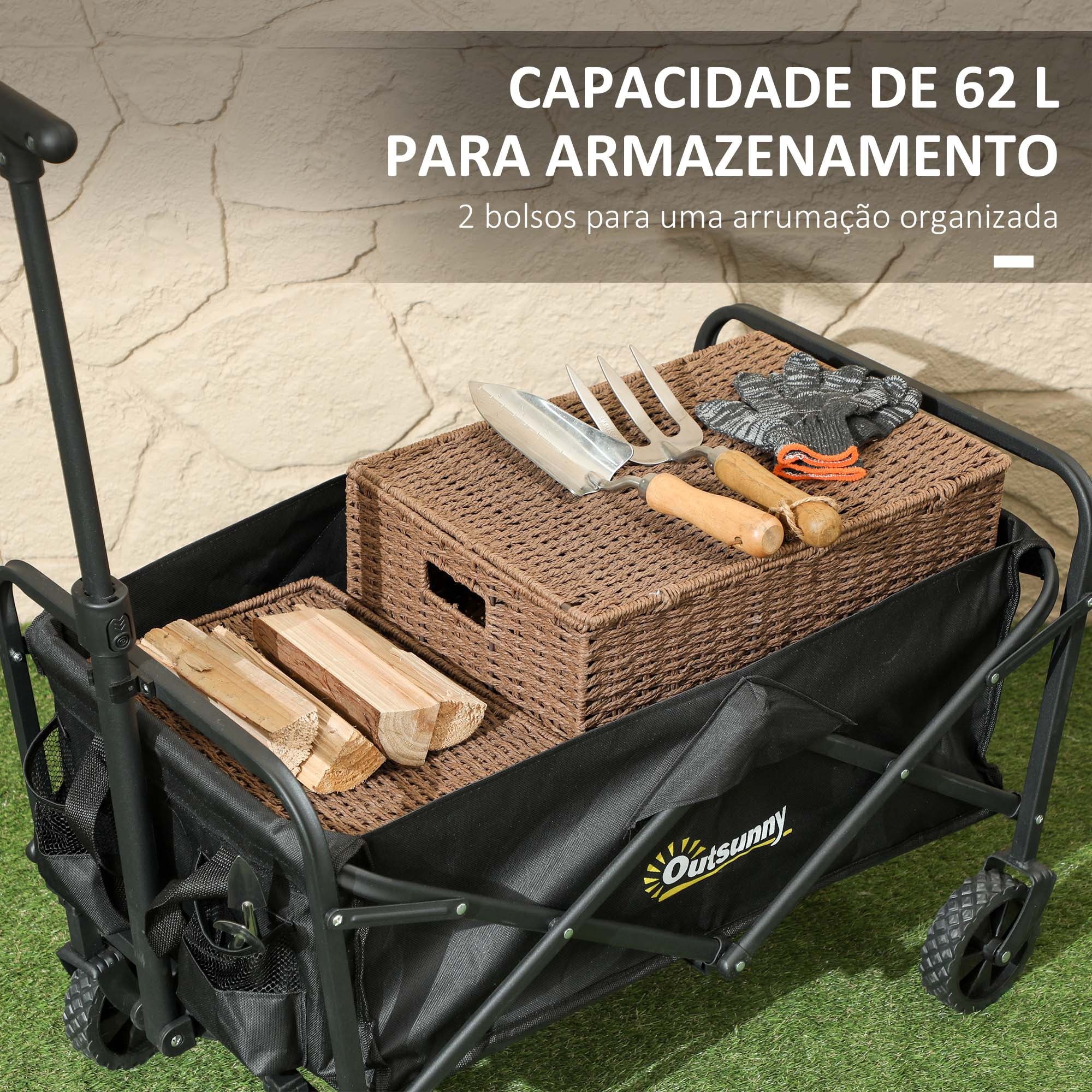 Carrinho de Transporte Dobrável Preto 64x42x27 cm