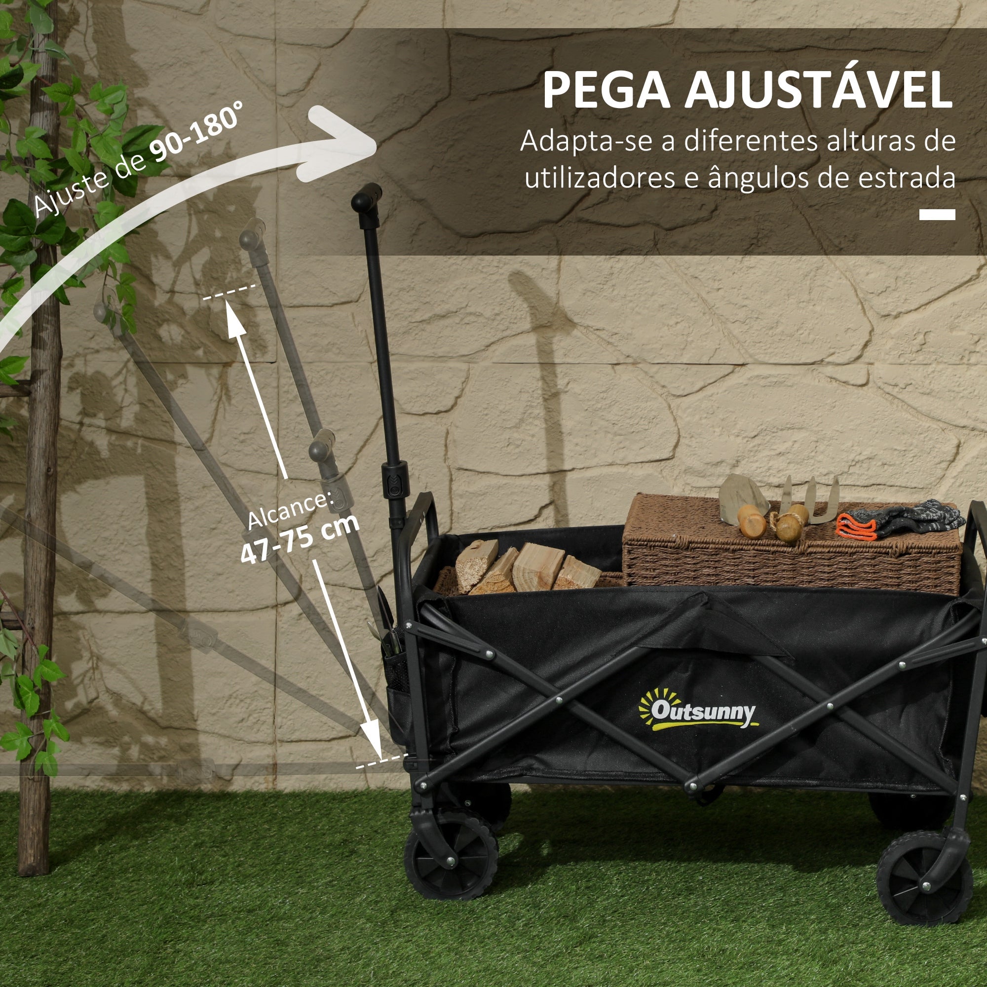 Carrinho de Transporte Dobrável Preto 64x42x27 cm