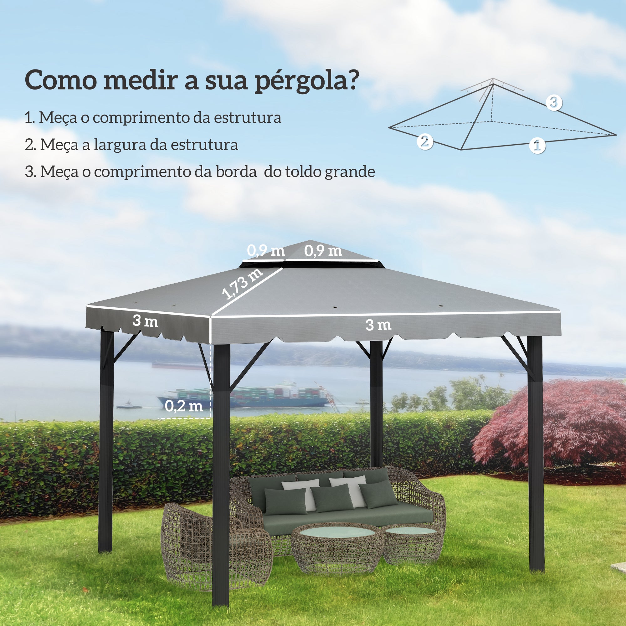 Toldo de Substituição para Pérgola 300x300 cm - Cinza Claro - Poliéster
