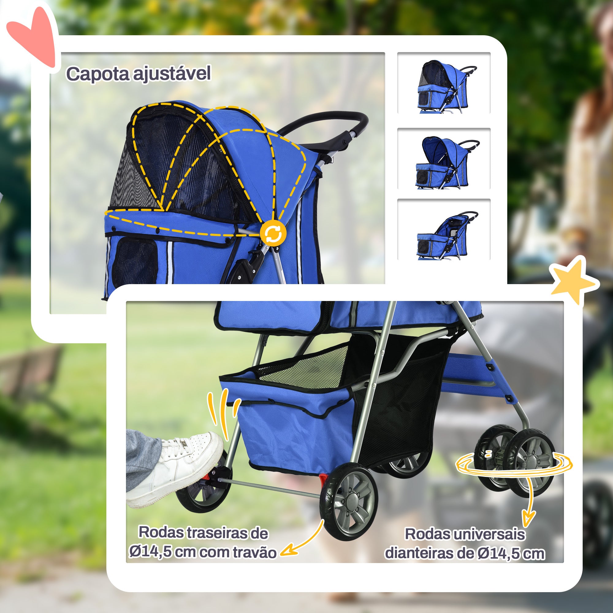 Carrinho de Passeio para Animais de Estimação - 75x45x97cm Azul