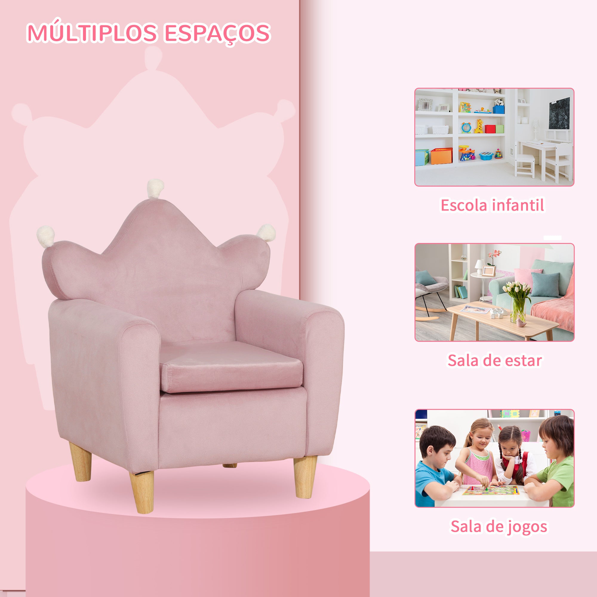 Poltrona Infantil Mini Sofá – 50x42x58 cm – Rosa – Veludo