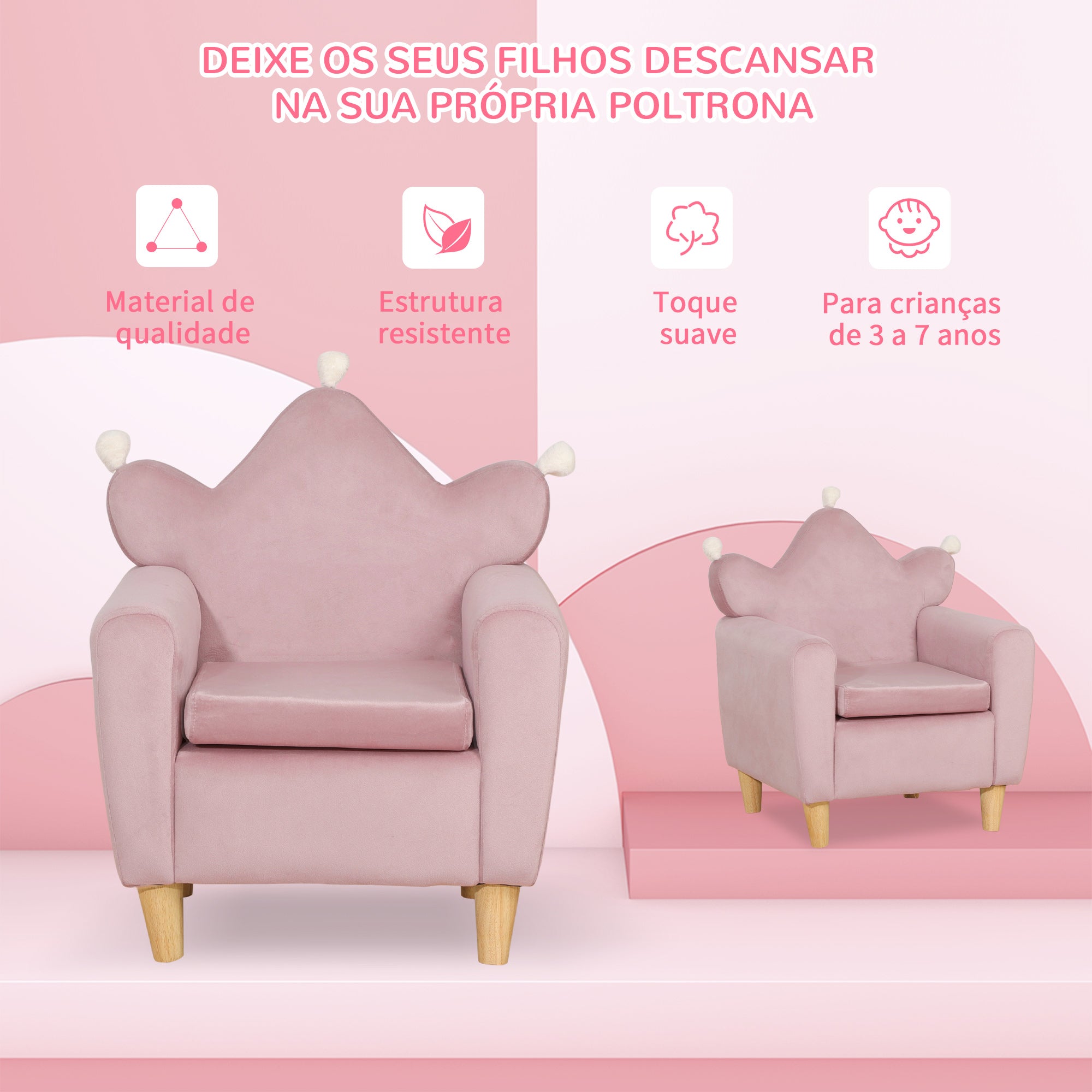 Poltrona Infantil Mini Sofá – 50x42x58 cm – Rosa – Veludo