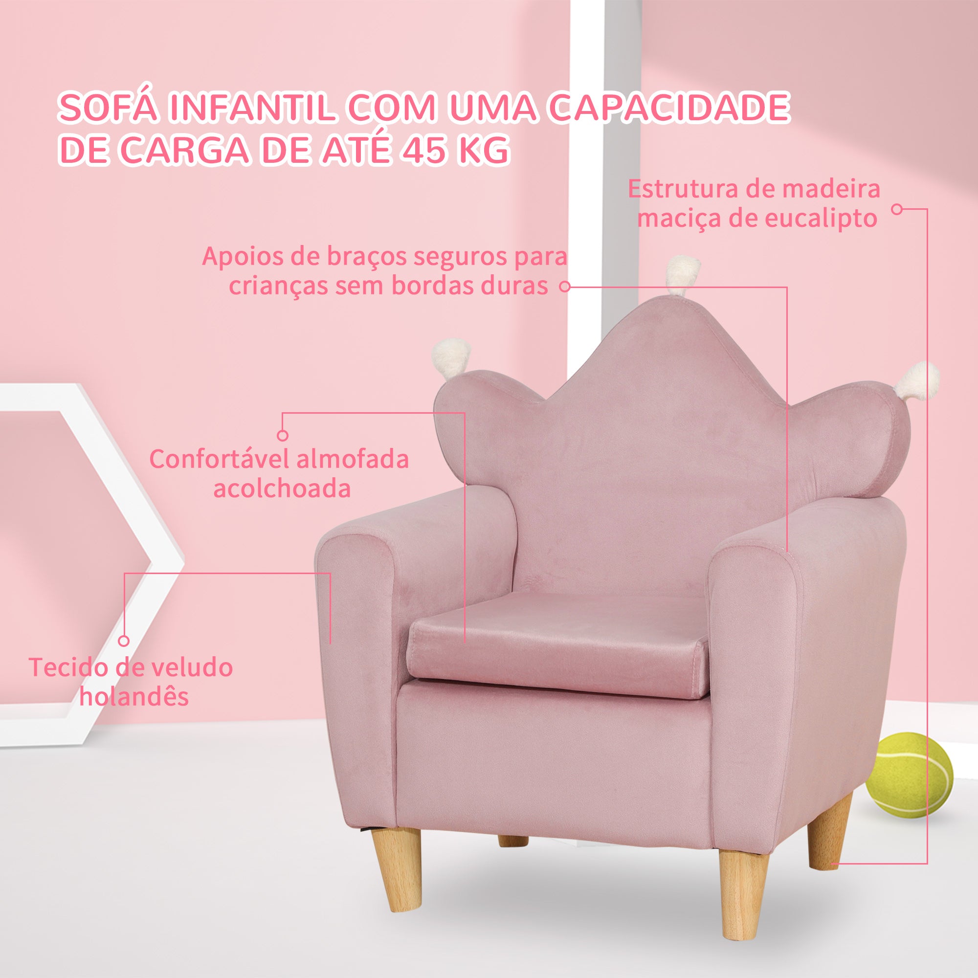 Poltrona Infantil Mini Sofá – 50x42x58 cm – Rosa – Veludo