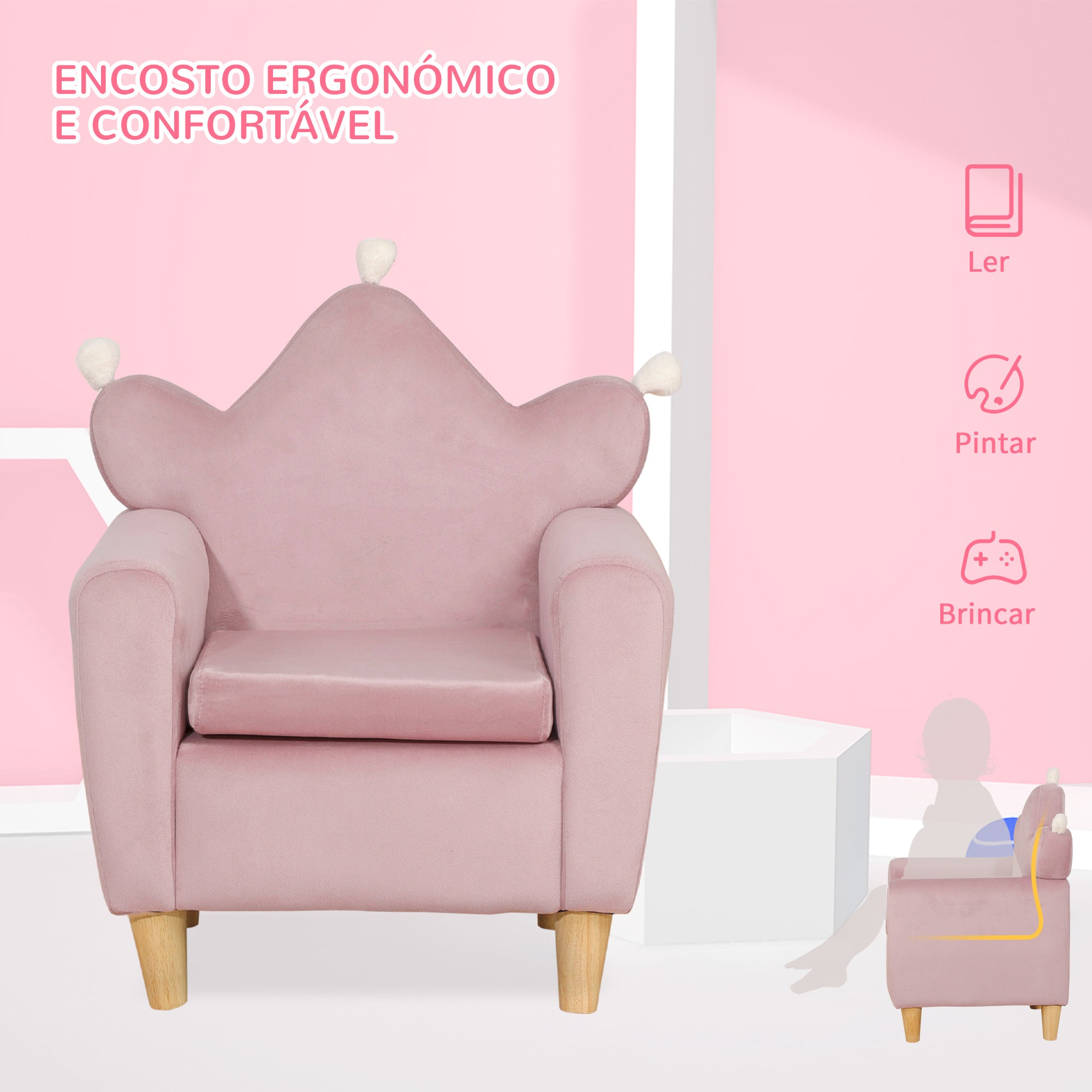 Poltrona Infantil Mini Sofá – 50x42x58 cm – Rosa – Veludo