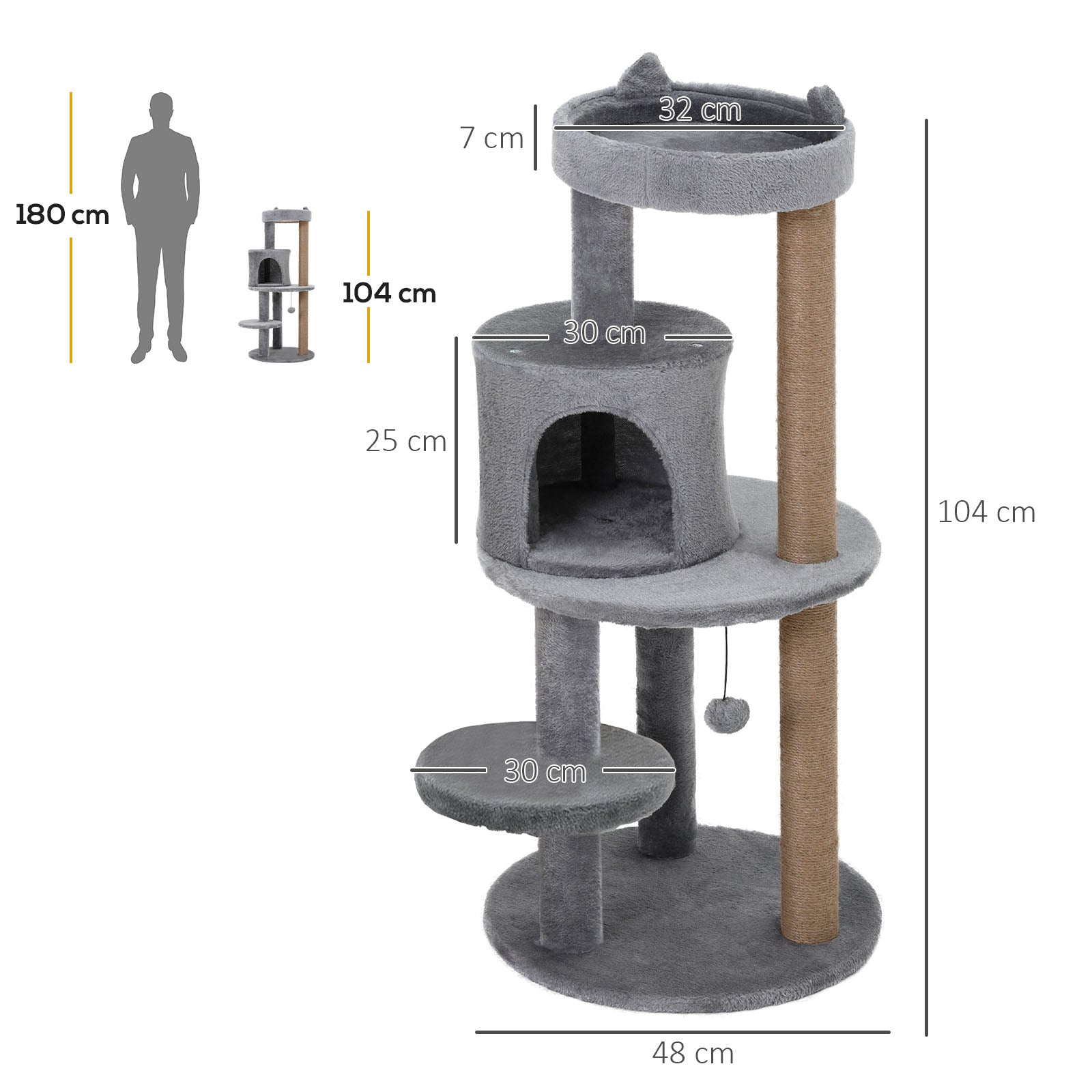 Árvore Arranhador para Gatos – 48x48x104 cm – Cinza – Aglomerado de classe E1 e tecido de pelúcia
