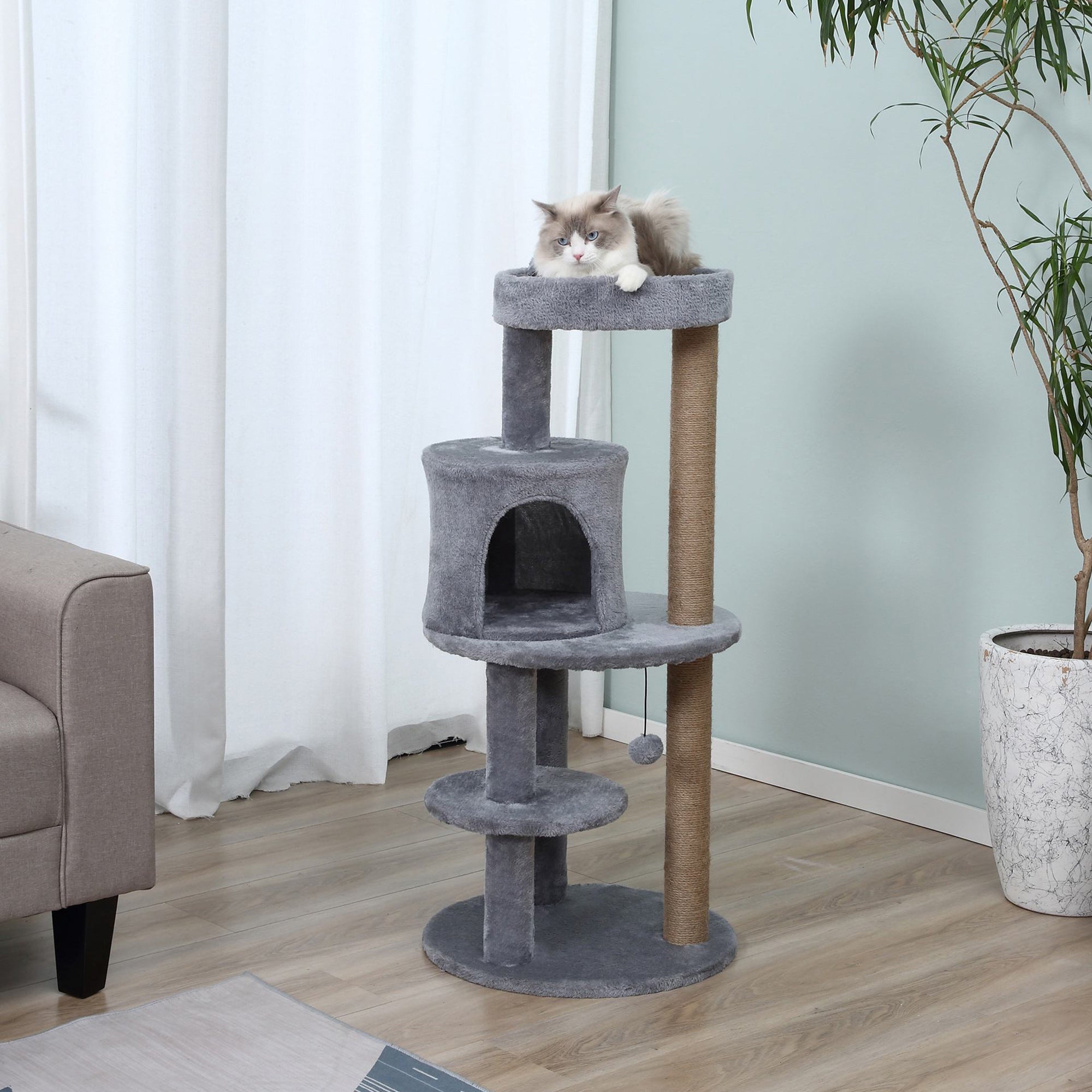 Árvore Arranhador para Gatos – 48x48x104 cm – Cinza – Aglomerado de classe E1 e tecido de pelúcia