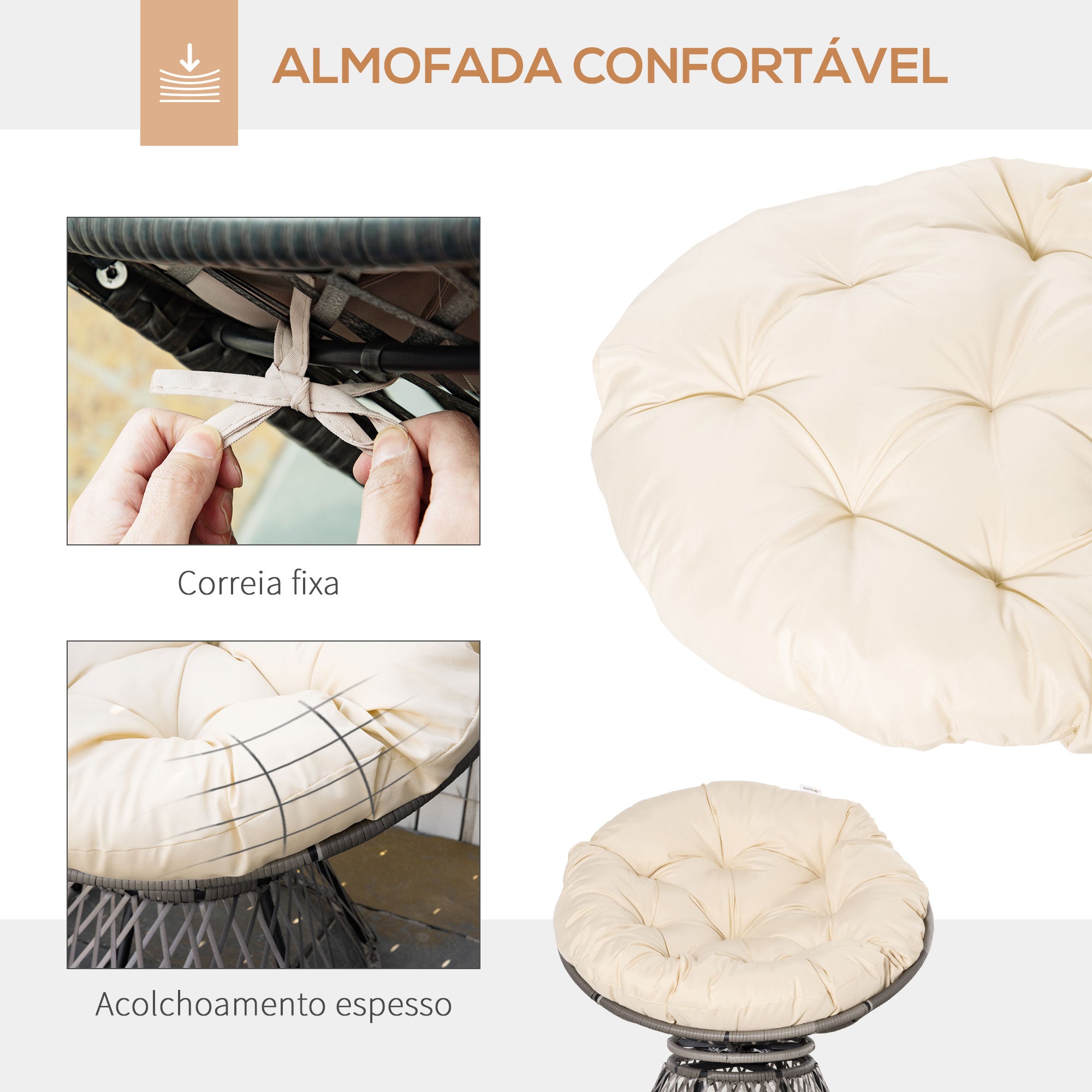 Poltrona Papasan Giratória de Vime Sintético Cinza e Creme 87x97x90 cm