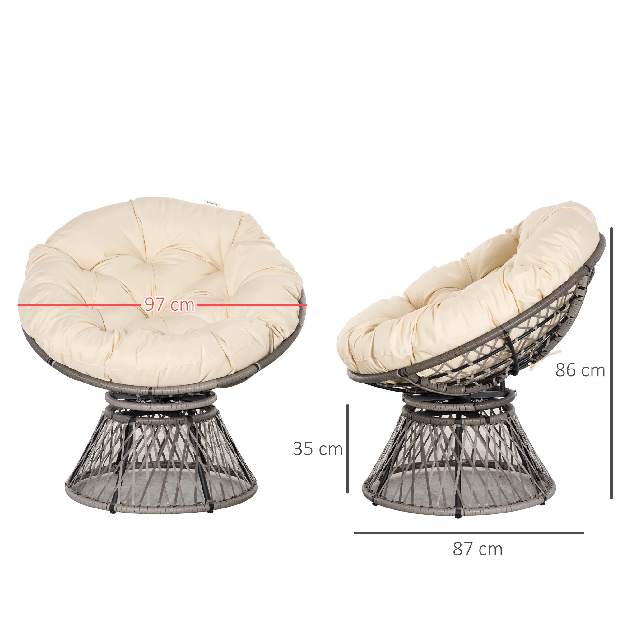 Poltrona Papasan Giratória de Vime Sintético Cinza e Creme 87x97x90 cm